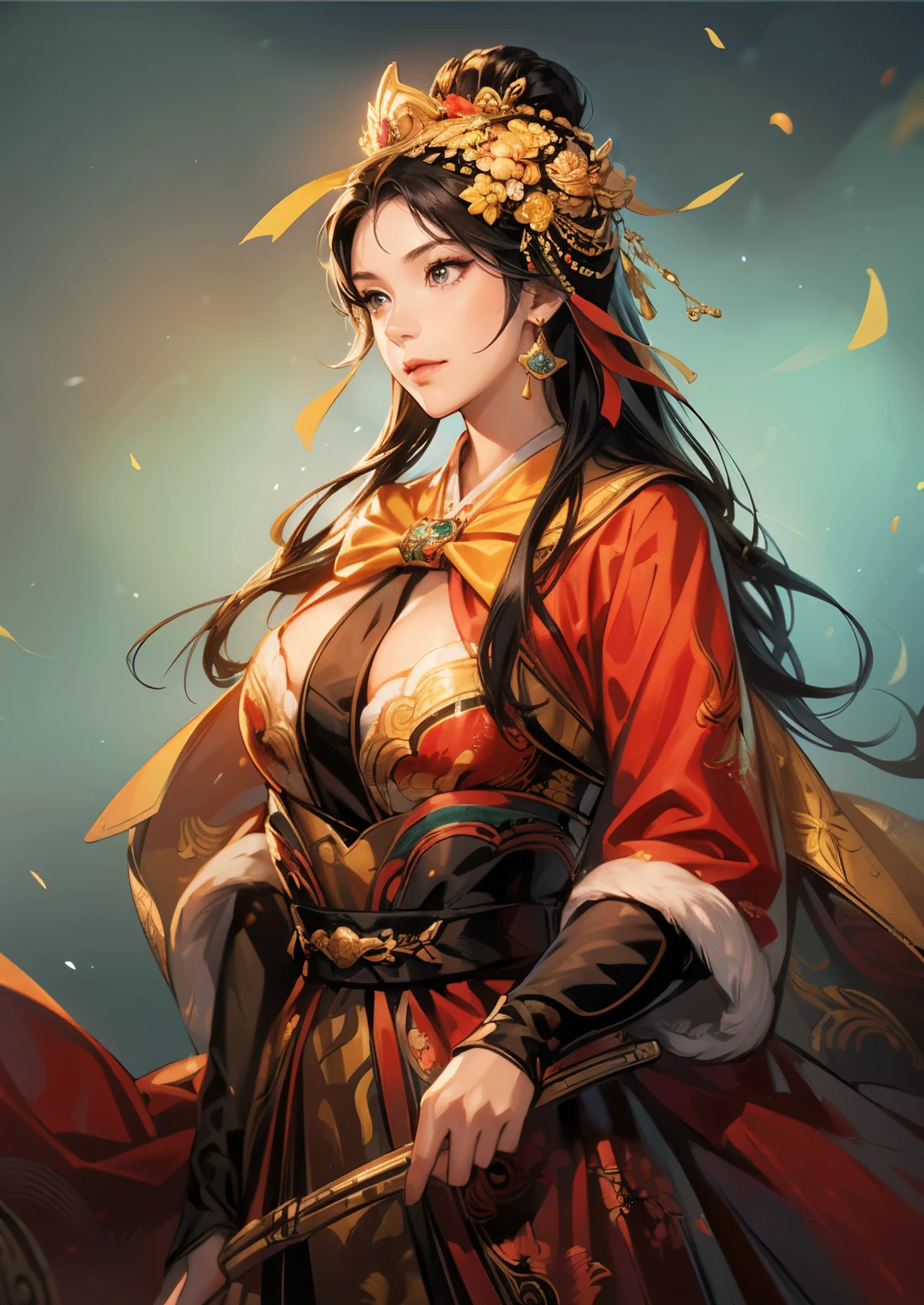 a close up of a man in a green robe, inspired by Dong Yuan, zhao yun, inspired by Cao Zhibai, inspired by Guan Daosheng, inspired by Hu Zaobin, inspired by Huang Shen, inspired by Zhang Sengyao, inspired by Huang Ding, inspired by Wu Bin, inspired by Li Kan, guan yu, Highly detailed CG unit 8k wallpaper, masterpiece, High resolution, highest quality, highest quality real texture skin, Super Real, Digital Painting, Best image quality, 最High resolution, 8k, ((Highly detailed eyes and face, Beautiful eyes every detail)), profile, Saggy breasts, Gravity-dependent breasts, long chest, Heavy chest, disproportionate breasts, huge breasts, sagging breasts, gigantic breasts, erect nipple