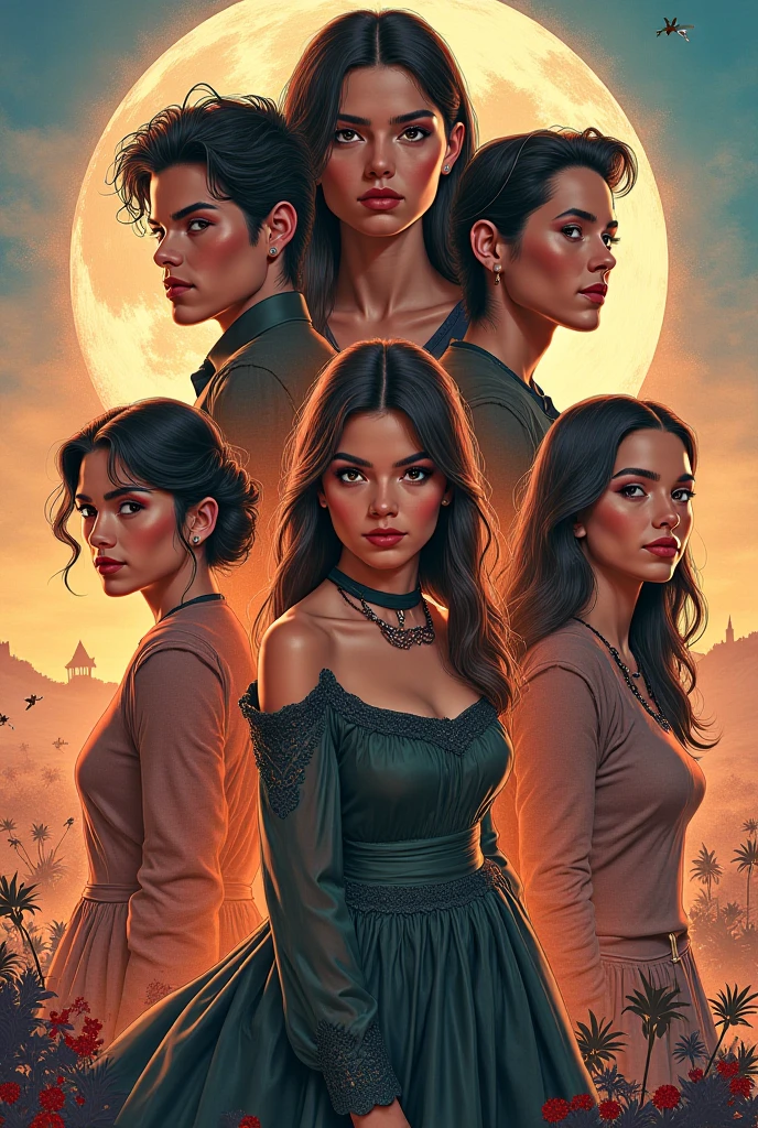 (Best Quality, 2k, Masterpiece, QHD: 1.3, A Handsome short haired african barbarian man is surrounded by three women up against him touching him and gaze at him, at a mansion, wearing Tracksuits that show off body, perfect bodies, women: long flowing hair, flowers in hair, seductive, materials, golden hour, , jewelry, golden hour, photorealistic, masterpiece, in love, small grin, perfect faces, Flirtatious-groping