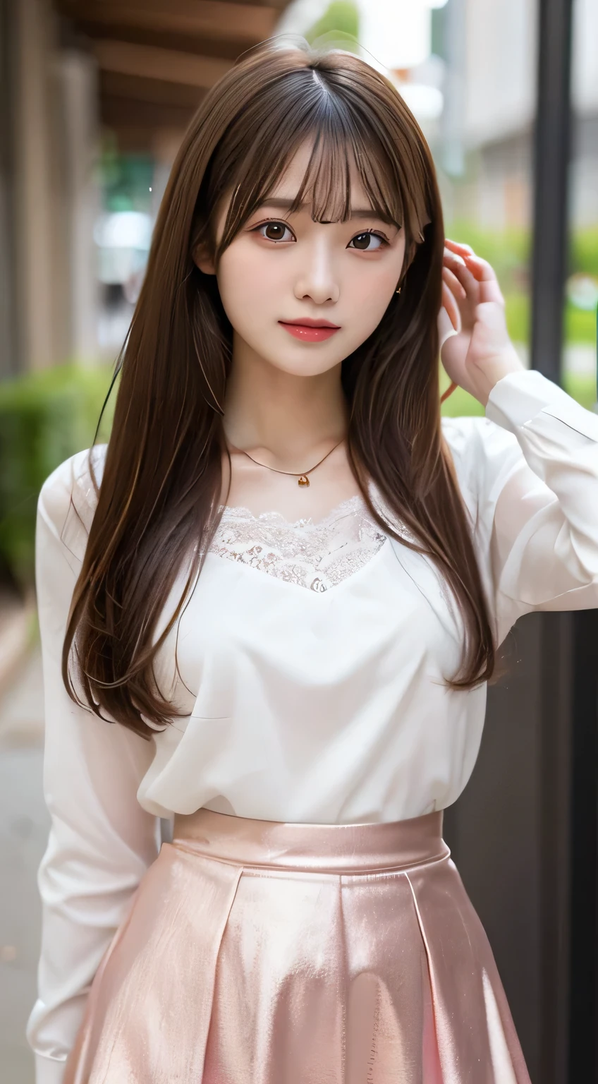 top quality, Masterpiece 、 actual photo 、The most beautiful girl in the world 、 Cute looks、 slender 、 perfect beautiful face 、 perfect and beautiful eyes 、 perfect and beautiful double eyelids 、 Fashion Model 、 Cute looks、 light brown hair 、(Cute looks、 Japanese High School Girls、 metallic straight hair、 white blouse、 high waist with her、 necklace、pale pink midi skirt、 lace skirt:1.3)