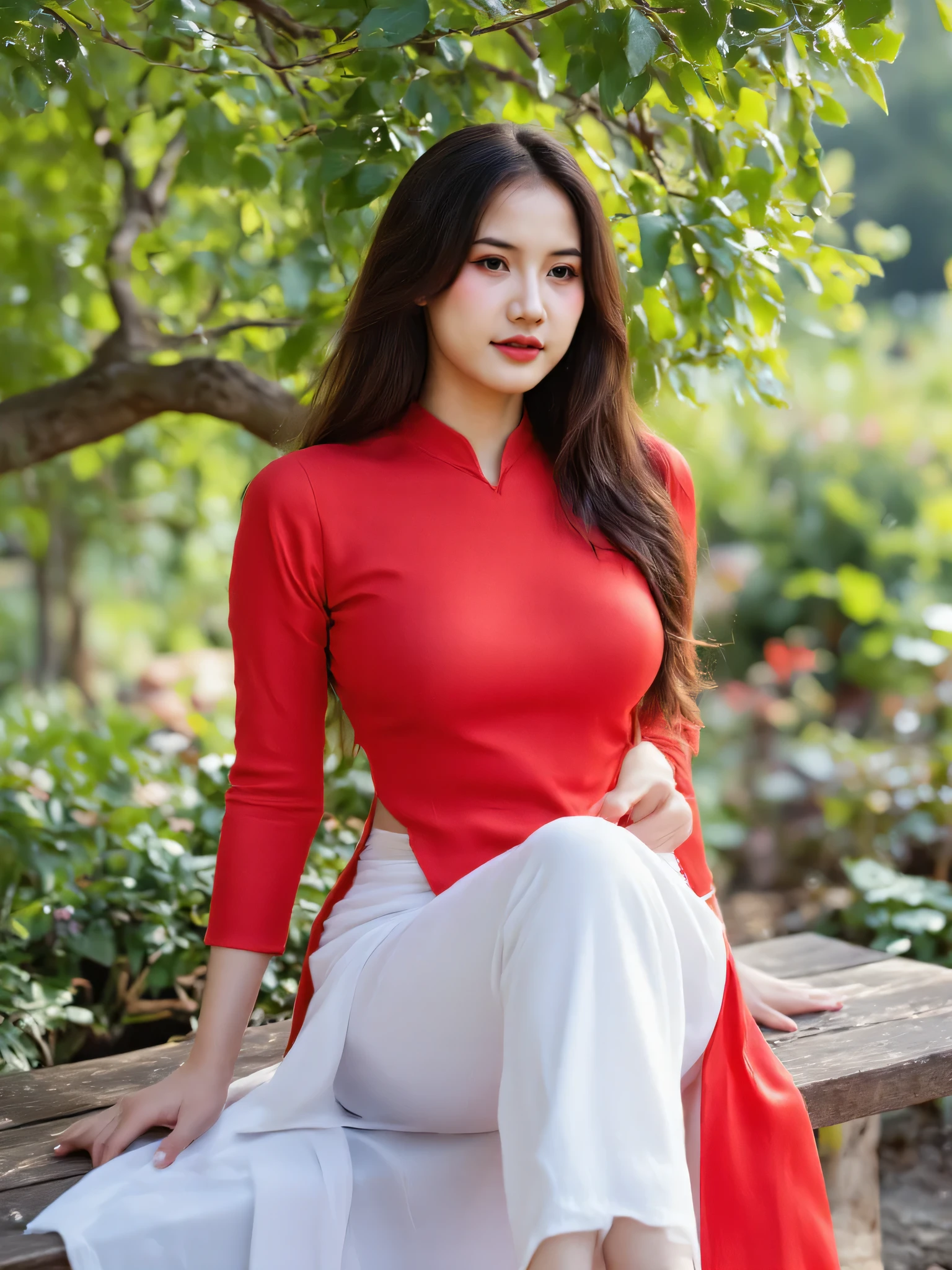 detailed body, attractive body, perfect human body, realistic face,
(ultimate quality, masterpiece, highres:1.0), realistic:1.6, photorealistic,
[8k UHD photos, UHD high quality photos, Super detailed and super clear images],
Close-up of a Vietnamese girl with a beautiful face and balanced body, leggy, round face, big round eyes, Charming smile, Red lips, long curly eyelashes, big dimples, pointed chin, plump face, Her face resembles Liu Yifei, Tall and plump figure,
wearing a bright and black shiny satin silk ao dai, standing beside the beach, pose sexy,
Satin silk ao dai,
