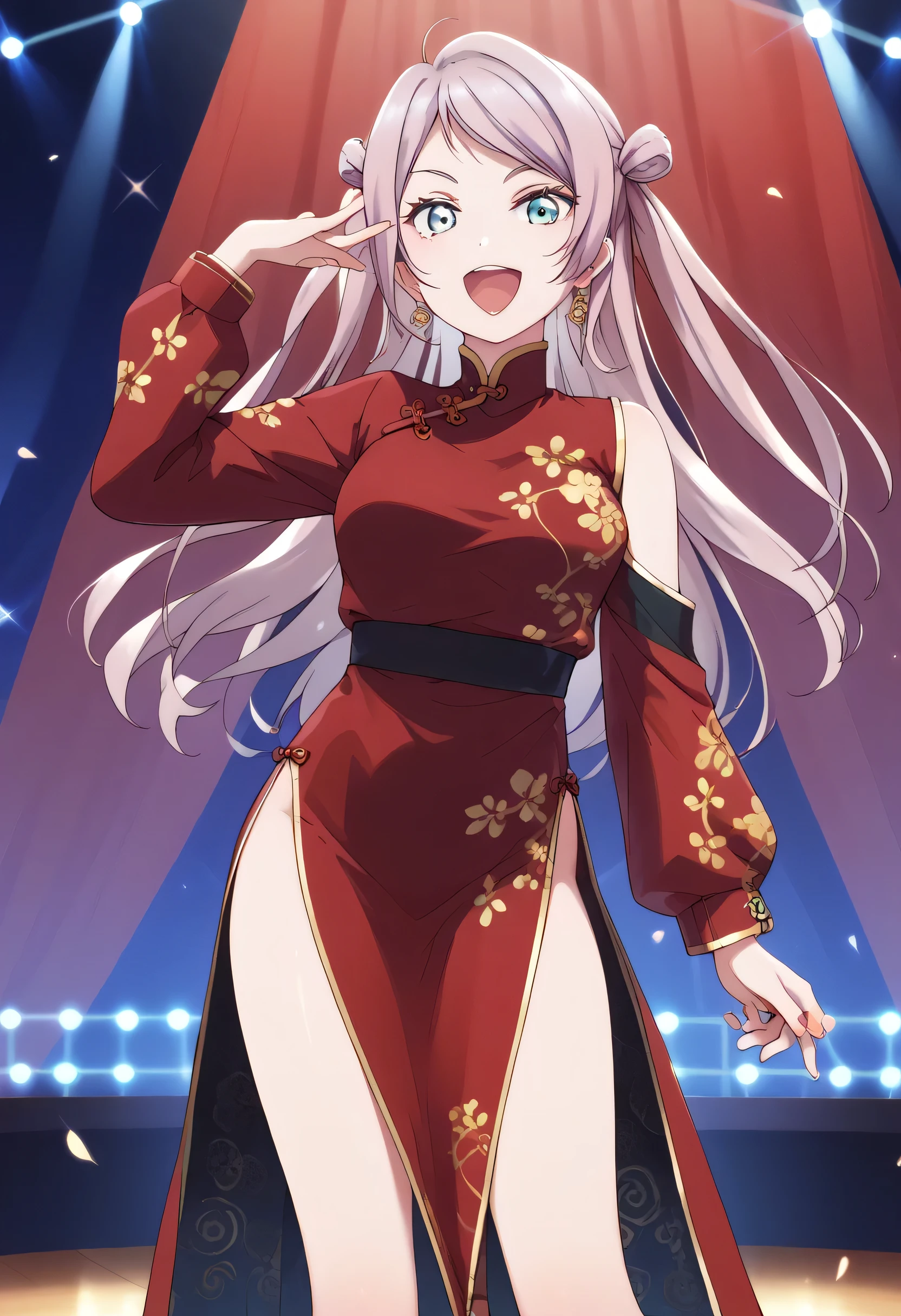 An image of Lanzhu Zhong with pink hair wearing a Chinese dress, lace socks, senos medianos, medium waist, long legs together with Keke Tang , both are singing on stage in a sexy way .