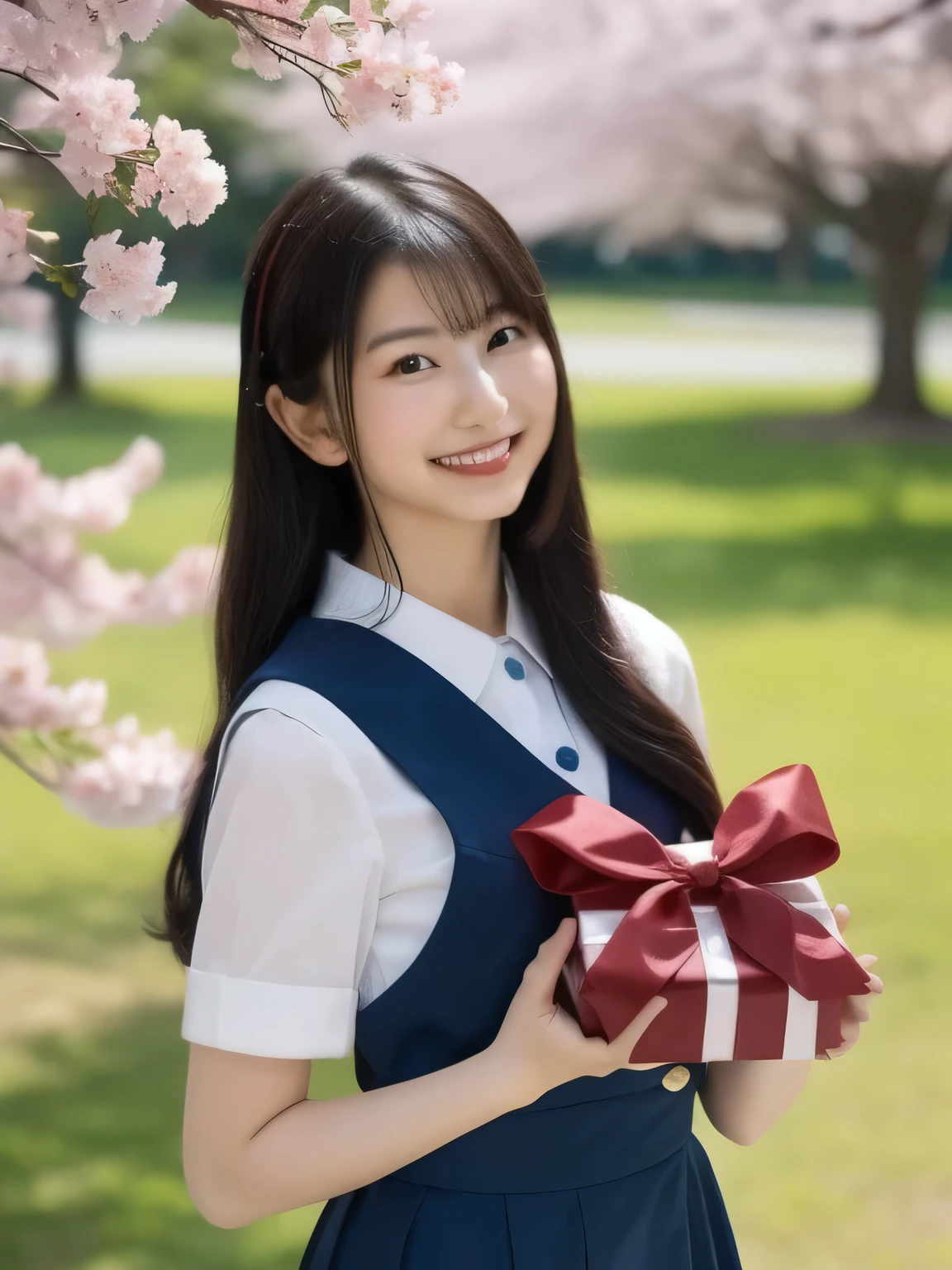 A stunningly beautiful 20-year-old woman stands in a lush green park full of cherry blossoms in full bloom under a clear blue sky. She is wearing a classic sailor uniform and holds a neatly wrapped gift box with a red ribbon in both hands in front of her chest. The box is small, wrapped in decorative paper, and tied with a bow. She looks very happy, with a radiant and joyful expression.A stunningly beautiful 20-year-old woman stands in a lush green park full of cherry blossoms in full bloom under a clear blue sky. She is wearing a classic sailor uniform and holds a neatly wrapped gift box with a red ribbon in both hands in front of her chest. The box is small, wrapped in decorative paper, and tied with a bow. She looks very happy, with a radiant and joyful expression.