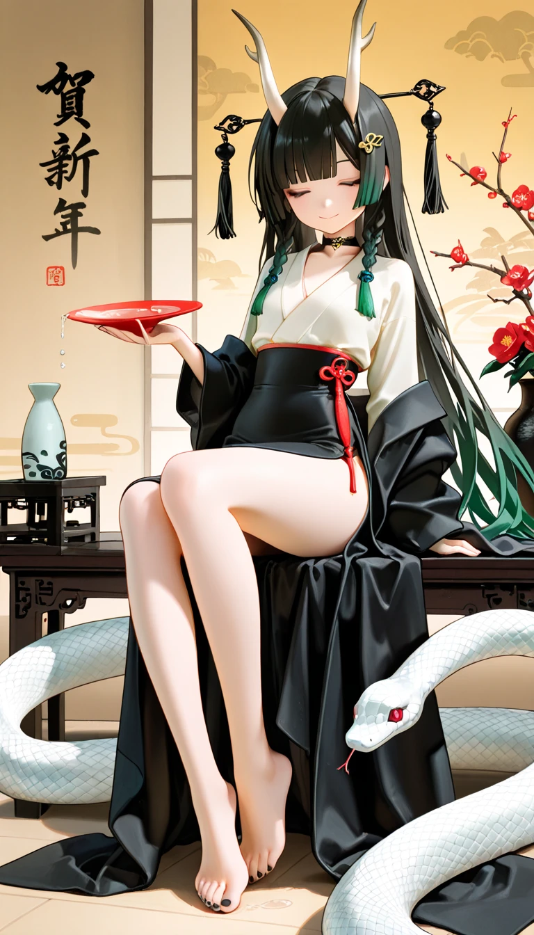 A black-haired woman resembling a Japanese miko holding a sacred talisman. She is adorned in a beautifully decorated and elaborate traditional outfit. The background features a mystical natural setting with lush forests, flowing streams, and magical elements, creating a vibrant and enchanting atmosphere.