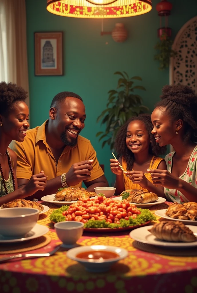 fami: father, mother and children. Blacks eating hamburger in a realistic African restaurant, detalhado -realista -ultraHD