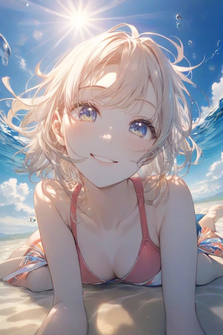 Angelic, One Girl,(bikini), (Straight Hair,Inner Color), Sharp Hair, Facial Contour, Remember, , At the Beach, splash, Lens flare, noon, bright, Natural Color, High resolution, Very delicate, Very detailed, 8k