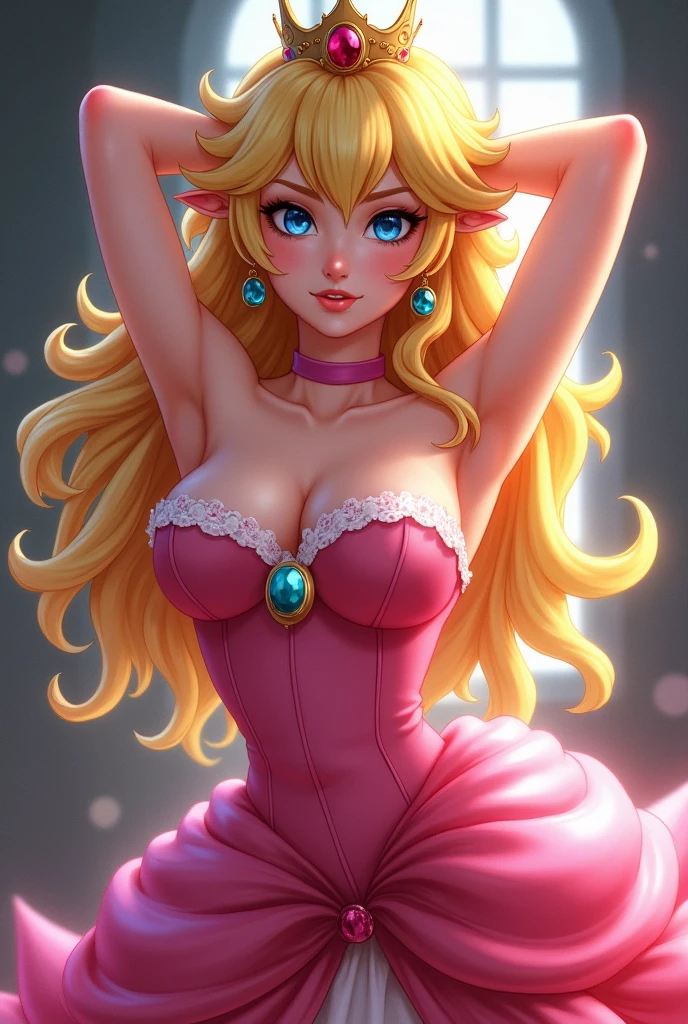 highres, masterpiece, perfect ligthing, bloom, cinematic lighting, adult, perfect skin, female, from side, cowboy shot, smile, narrow waist, skinny,  (PrincessPeach), (Princess Peach), ( mini Pink Dress), detailled eyes, blue eyes, choker, sensual, mushrooms,mushroom kingdom, pink lips, ((glossy lips)), pursed lips, pink pumps, glossy skin, oily skin, beautiful light, (day:1.3), bright,malicious smile, sexy behavior, panties showing with skirt raised because of the wind