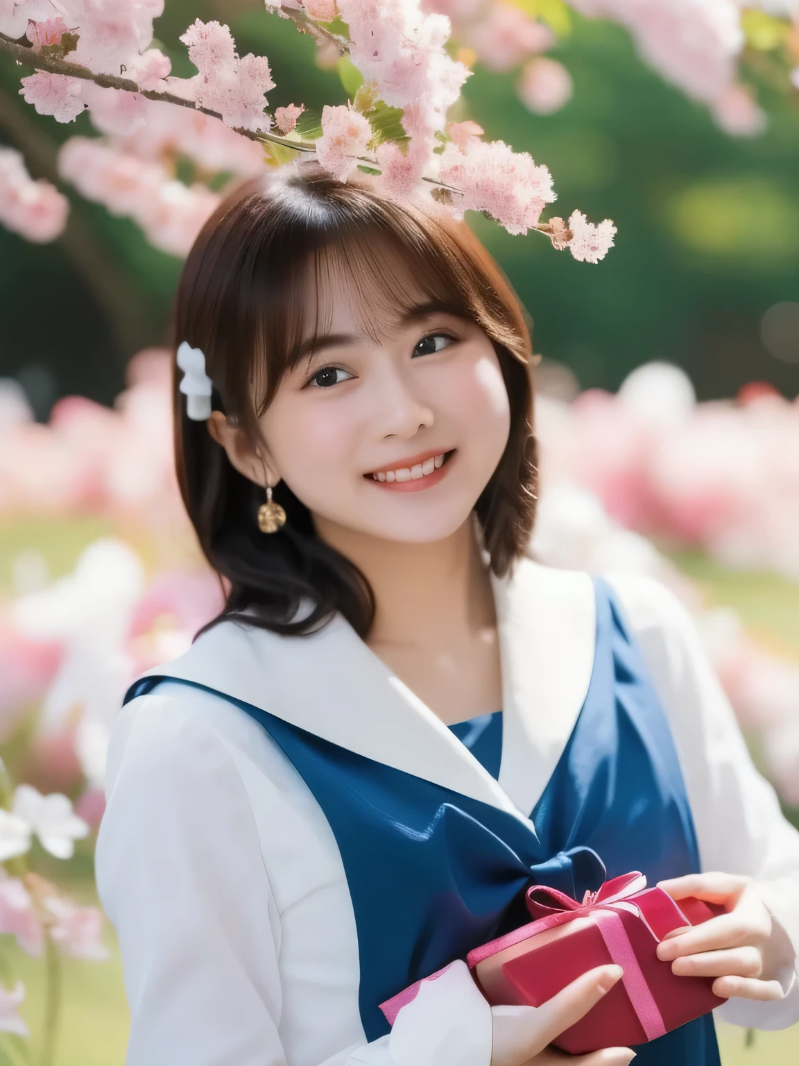 A stunningly beautiful 20-year-old woman stands in a lush green park full of cherry blossoms in full bloom under a clear blue sky. She is wearing a classic sailor uniform and holds a neatly wrapped gift box with a red ribbon in both hands in front of her chest. The box is small, wrapped in decorative paper, and tied with a bow. She looks very happy, with a radiant and joyful expression.A stunningly beautiful 20-year-old woman stands in a lush green park full of cherry blossoms in full bloom under a clear blue sky. She is wearing a classic sailor uniform and holds a neatly wrapped gift box with a red ribbon in both hands in front of her chest. The box is small, wrapped in decorative paper, and tied with a bow. She looks very happy, with a radiant and joyful expression。 (ショートヘア) 