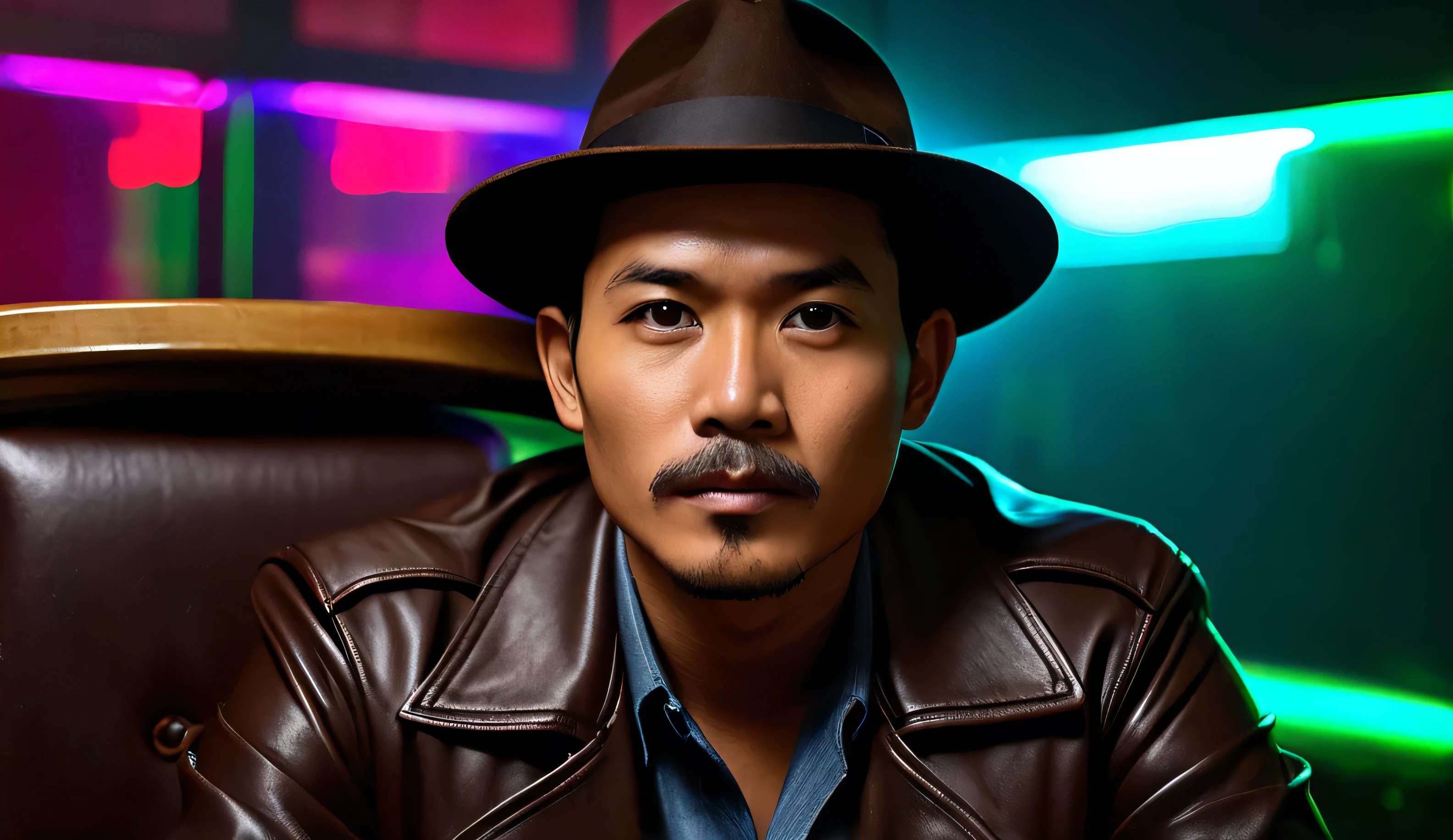 A sharp-eyed Indonesian detective in his mid-30s, wearing a dark brown leather jacket and fedora hat. His face has strong Southeast Asian (Javanese-Indonesian) features with tan skin, deep-set eyes, and a neatly trimmed mustache. He sat in a chair and looked at the camera. The background in a room has a mysterious atmosphere with dim neon lights. This scene has a noir-inspired look with warm, moody lighting and a cinematic feel. type of shoot camera: full shoot