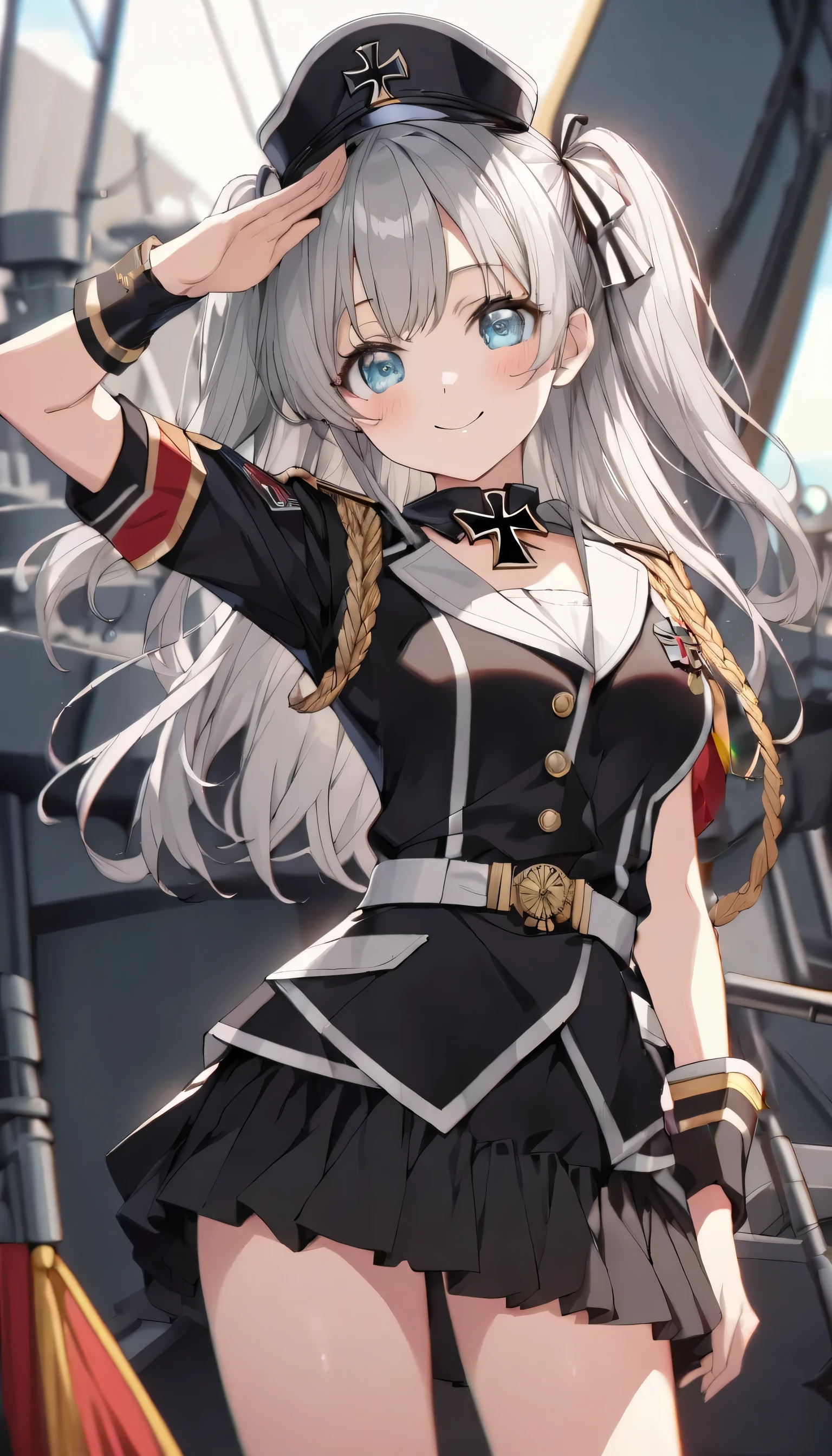 ((ultra-detailed)), (highly detailed CG illustration), (best quality:1.2), ultra-highly detailed, colorful composition, artistic photoshoot, 1girl, solo focus, ((thigh to top:1.4)), ((cowboy shot:1.4)), moe anime character, girl, dainty facial structure, (bab(round face), ((rounded chin:1.2)), ((ideal ratio body proportions)), celia-default, celia claire, (blue eyes), sparkle eyes, ((silver hair color)), two side up, ((red hair ribbon)), ample breasts, ((German Navy military black uniform during World War II)), ((German Navy military black captain visor cap with gold decoration during World War II)), ((Iron Cross on neck with red, black and white tricolor stripes ribbon:1.4)), ((gold aiguillette)), ((salute with right hand:1.4)), ((lowers left arm:1.4)), ((standing on a warship:1.4)), beautiful detailed sky, beautiful detailed sea, best quality, masterpiece, from front, expecting, pink cheek, blush, light pink gloss slip, portrait, depth of field, soft lighting, sidelighting, (shine), lighting, caustics, ray tracing, ((fearless smile)), perfect face, lustrous skin, highly detailed face, highly detailed eyes, perfect face, perfect nose, perfect hair, perfect eyes, perfect anatomy, beautiful hair, beautiful small face, extremely detailed face, beautiful detailed eyes, beautiful clavicle, beautiful body, beautiful huge breasts, leavage, breasts squeezed together, equalize the size of the left and right breasts, beautiful thin thighs, beautiful legs, beautiful fingers, 4 fingers, 1 thumb, lovely, (very detailed background:1.0), (highly detailed background:1.0), spring aesthetic, intricate details, Tight atmosphere, spring colors palette, chromatic aberration
