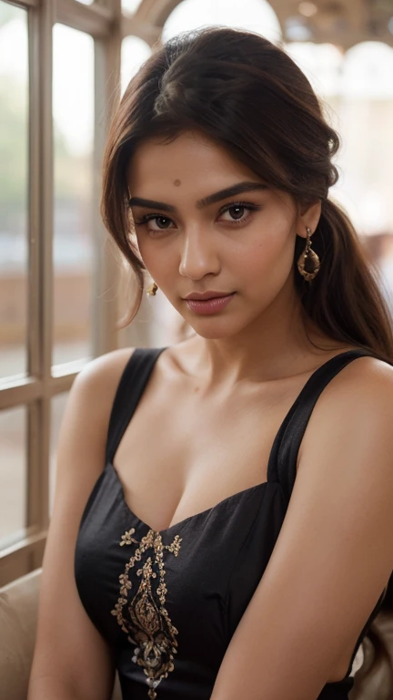 64K Ultra HD, hyperrealistic portrait of a captivating photo realistic image of most beautiful indian hot model , turning right to looking into camera, neck line visible, low neck corset, light smile, cleavage, high resolution ,high quality , clear face details, messy bun hairstyle, dusky skin, natural and ultra realistic photo, leaning on table.