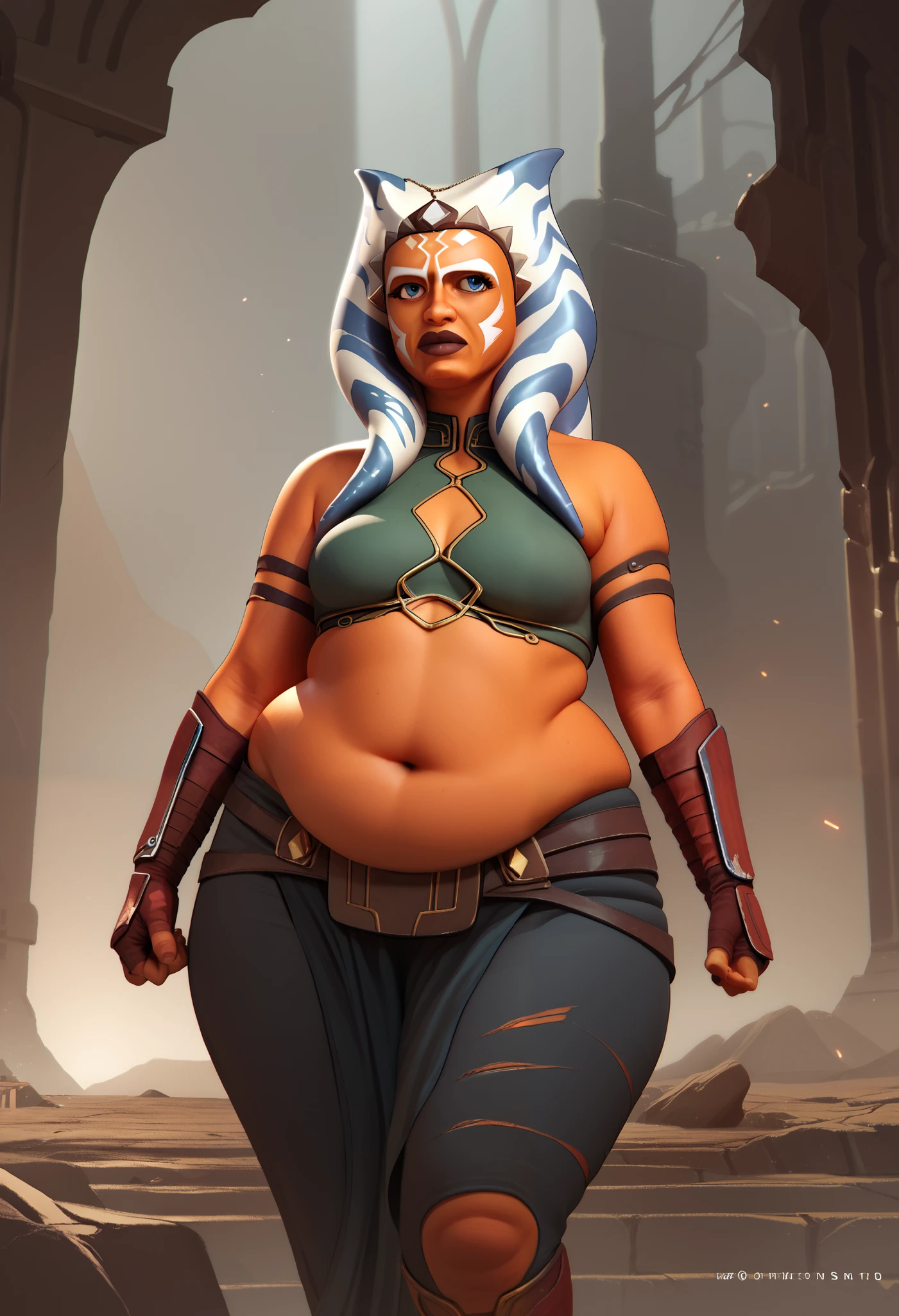 Ahsoka tano Star Wars on ruins of war two fighting lighting saberes versus sovietic, chubby, wide hips, full outfit, medium breasts,