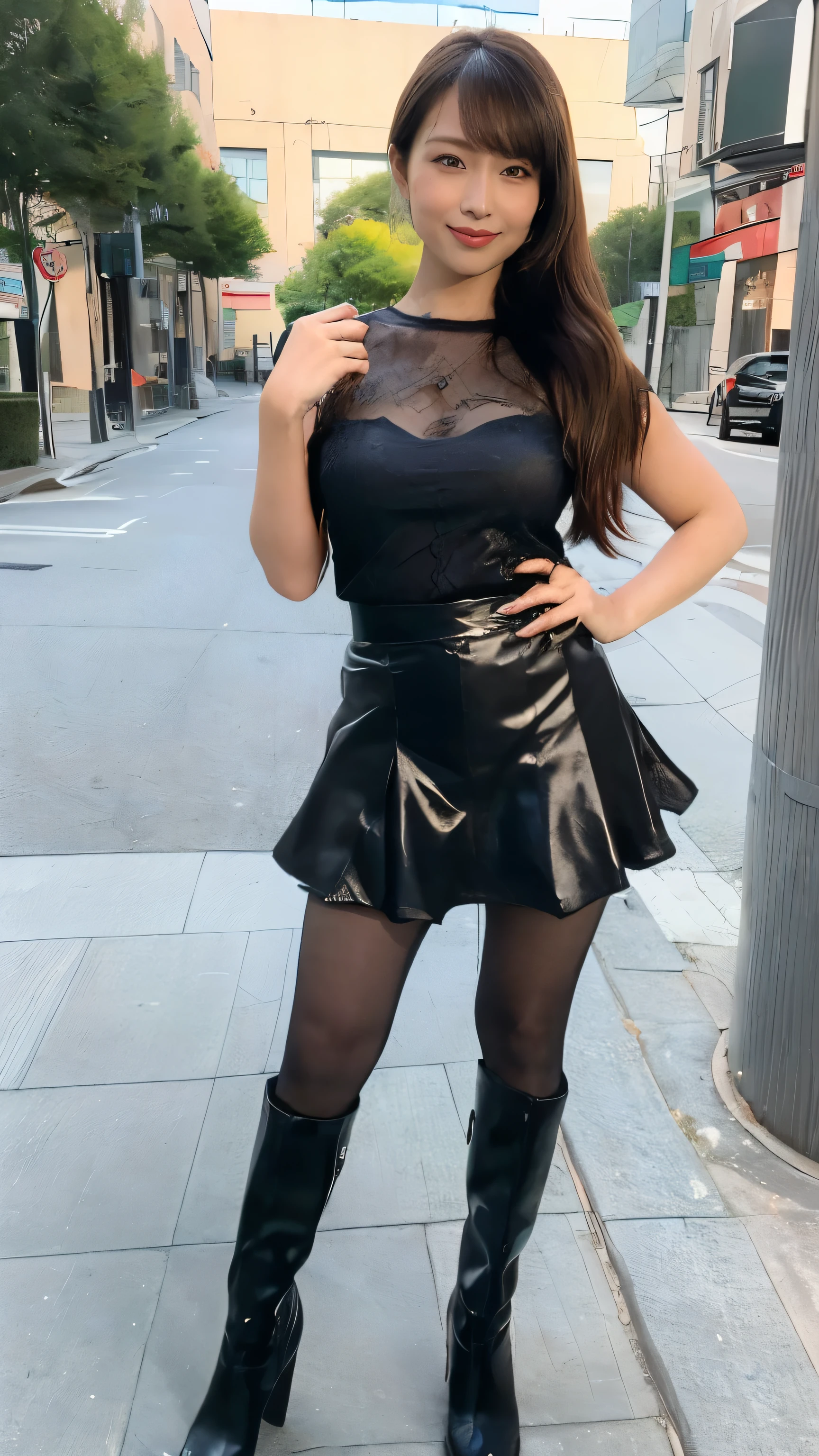 show entire body, feet in view, photo taken from a distance, realistic, realistic, Katherine Zeta Jones, smiling, white tight t-shirt, short skirt, hair in messy ponytail, pantyhose, no shoes, luxurious apartment, huge windows, cityscape, midnight, no shoes,