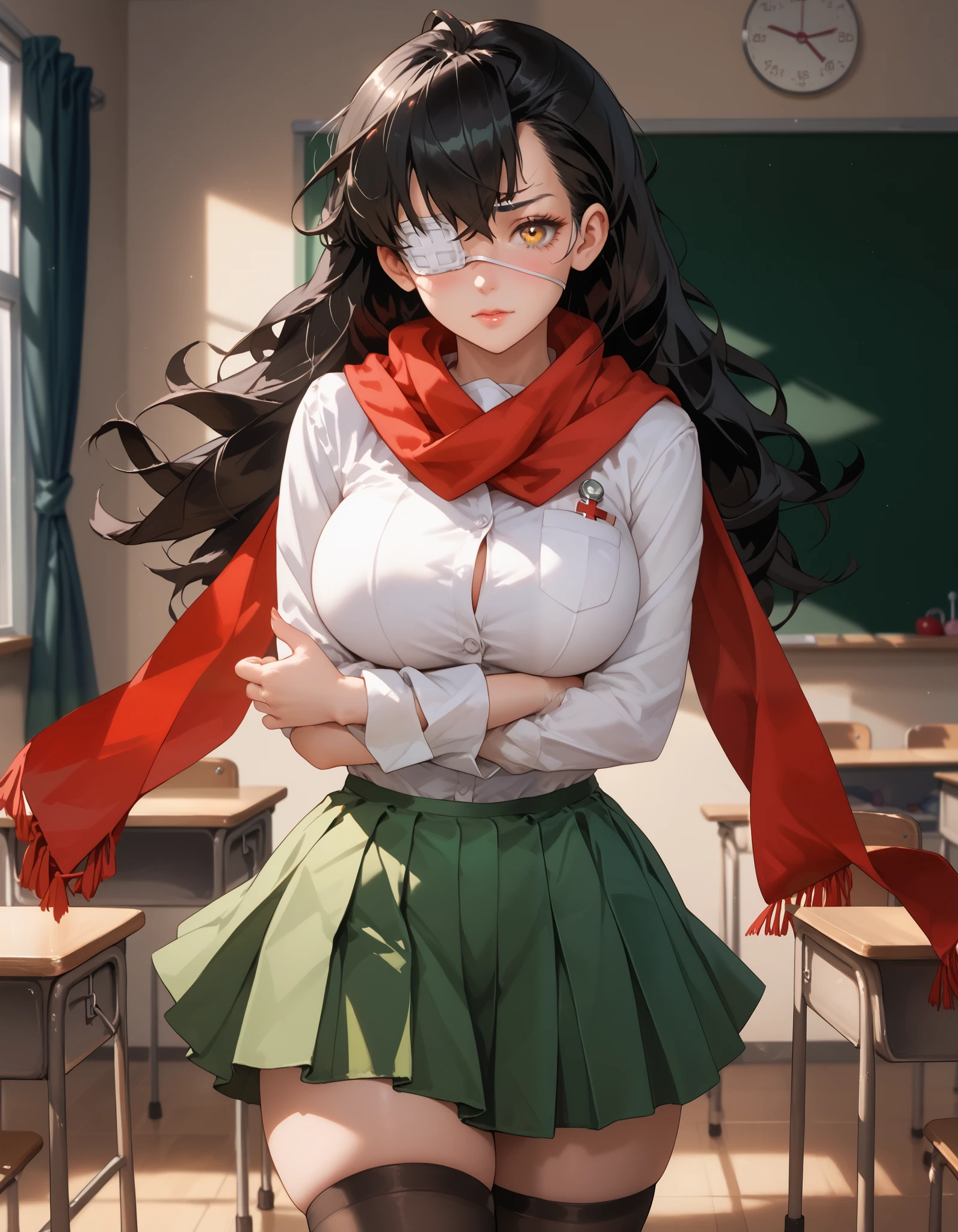 A girl with long black hair, medical eyepatch, long scarf, bandages over arm, amber eyes, big breasts, thick thighs, white blouse, black stockings, green skirt, red ribbon, high school girl, classroom, warm light, afternoon, shy gaze, adorable, Rintarou_Okabe_Pose