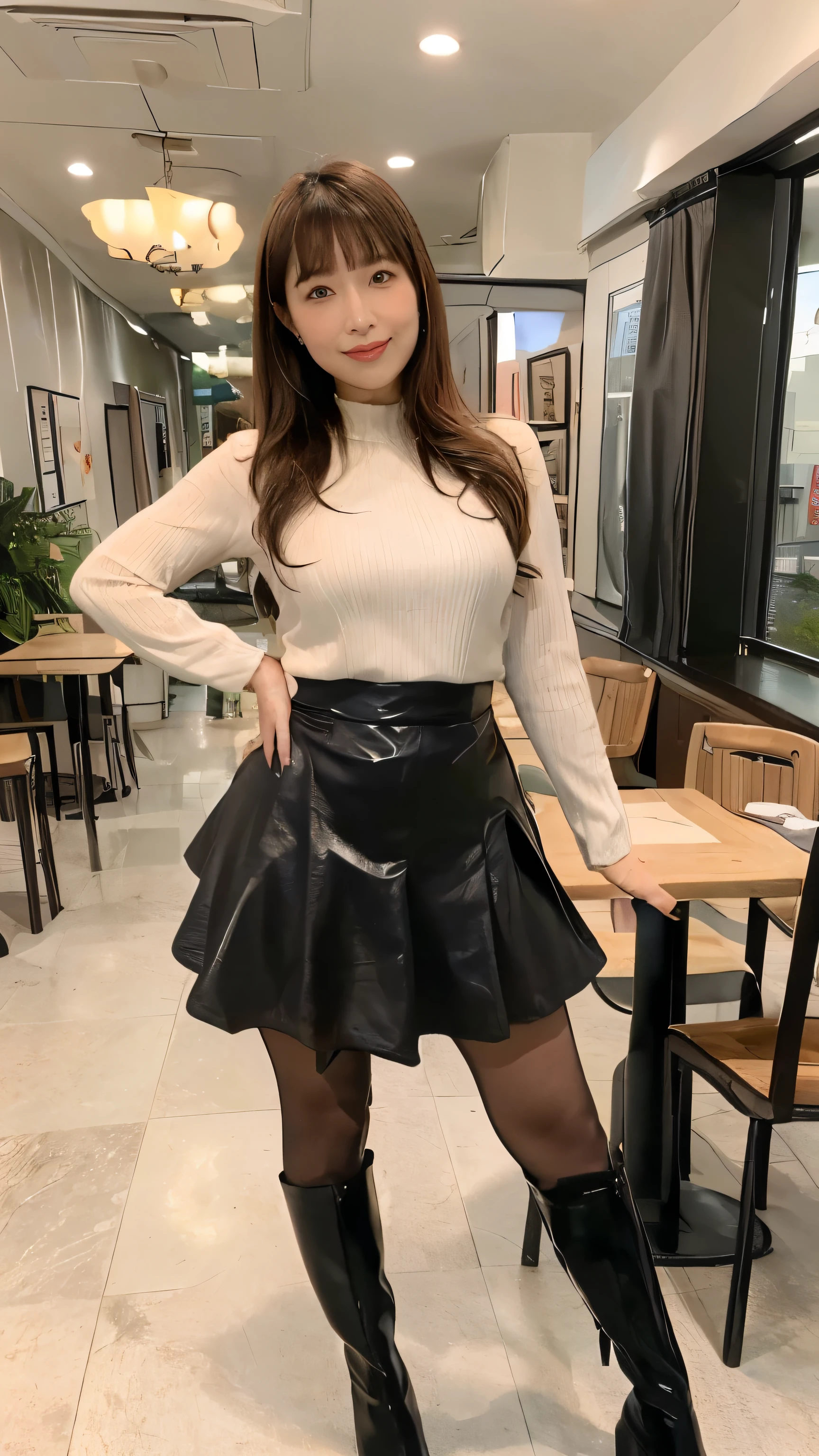 (8k, RAW photos, top quality, masterpiece: 1.2, ultra detailed, super resolution, real photos: 1.37), (Full body photo), Potbelly, plump, noble elegant Japanese lady, (standing contrapposte), winter season, ((black color coodinate,black lace flared skirt, (layered skirt-hem), black tulle lace on skirt, wide A-line,wearing long boots)), shiny , Smile, large pelvis, Large breasts, big cuvy hips, Thin waist, Long legs, skin hyper-detail,30years old, Perfect face, (Detailed facial features),Ponytails hair, Daylight, winter season, snazzy cafe,pantyhose:1.2,(( beautiful bangs))、