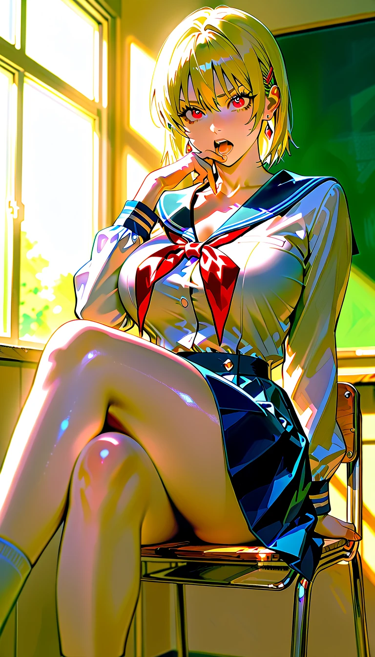 、(masterpiece、Highest quality)、Highest quality, Ultra-high resolution, (((masterpiece))), alone, Sweat、Big eyes, Composition from the front、Shortcuts、Embarrassed face、Blonde Hair、Cut your hair short、School classroom、Sailor suit、skirt、short hair、Browsing Caution、Upper body naked、Breasts exposed、Nipples、Large areola、Sitting in a chair without a backrest、Internal Medicine Examination、Woman showing her body、belly button、真Composition from the front、School Insurance Office、curtain、cubicle、window、door、Fluorescent lamp