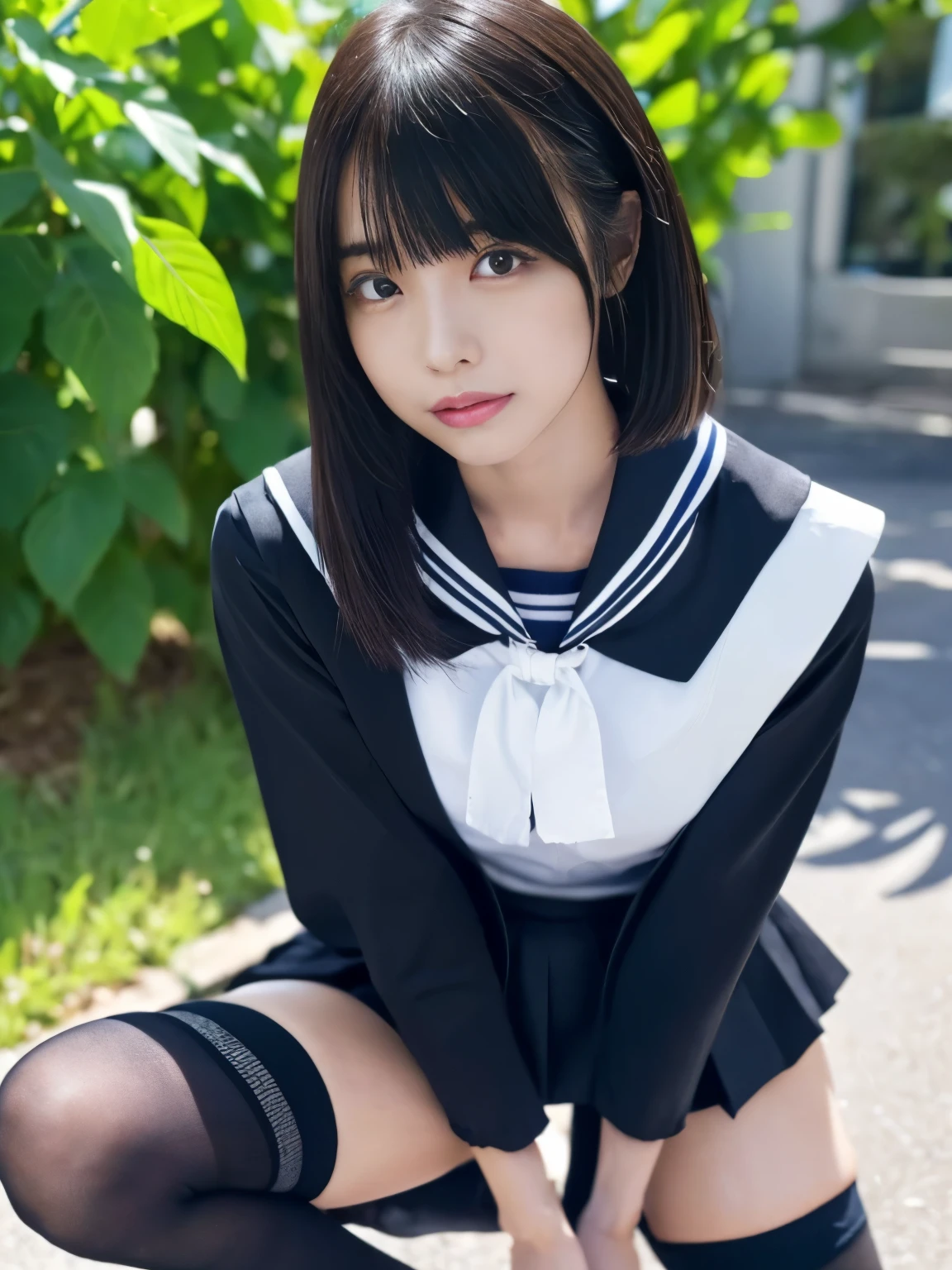 Masterpiece, Hi-Res,Product quality,(Well-balanced:1.4), ung beautiful Japanese woman , small smile ,(cowboy shot:1.4),( thighsに焦点を合わす:1.4), Beautiful Young Japanese High School Girl ,( high school classroom :1.2),( high school uniforms , Stylish Black Sailor Suit :1.4), stylish black shirt , red tie , cardigan with the sky in the background, blazer,( black ultra super short extreme sexy miniskirt:1.4),(time々 panties:1.4),( black knee-high socks:1.4),(black school shoes :1.2),( School-Designated Bag :1.2), beautiful face, cute type, slightly rounded face with raised legs a lot , glossy lips, Small and Cute Nose , beautiful big eyes , brown eyes, Both eyes have double eyelids,( natural cosmetic), double eyelids double eyelids ,,,, natural cosmetic, long light brown hair ,Beautiful asymmetrical bangs ,フローティングヘア Nova Frog Style,[ imaging center, 8k resolution for kindergarten ren, attention to detail , hairstyle details , detailed face, Cinematography, octane rendering, Super Real,( anatomically accurate :1.3),( Perfect Limbs , beautiful legs,Properly shaped , feminine, sexy legs , thighs,Properly shaped , feminine,セクシーな thighs, big breasts),( widen legs:1.4),( Provocative Dynamic Pose :1.4)