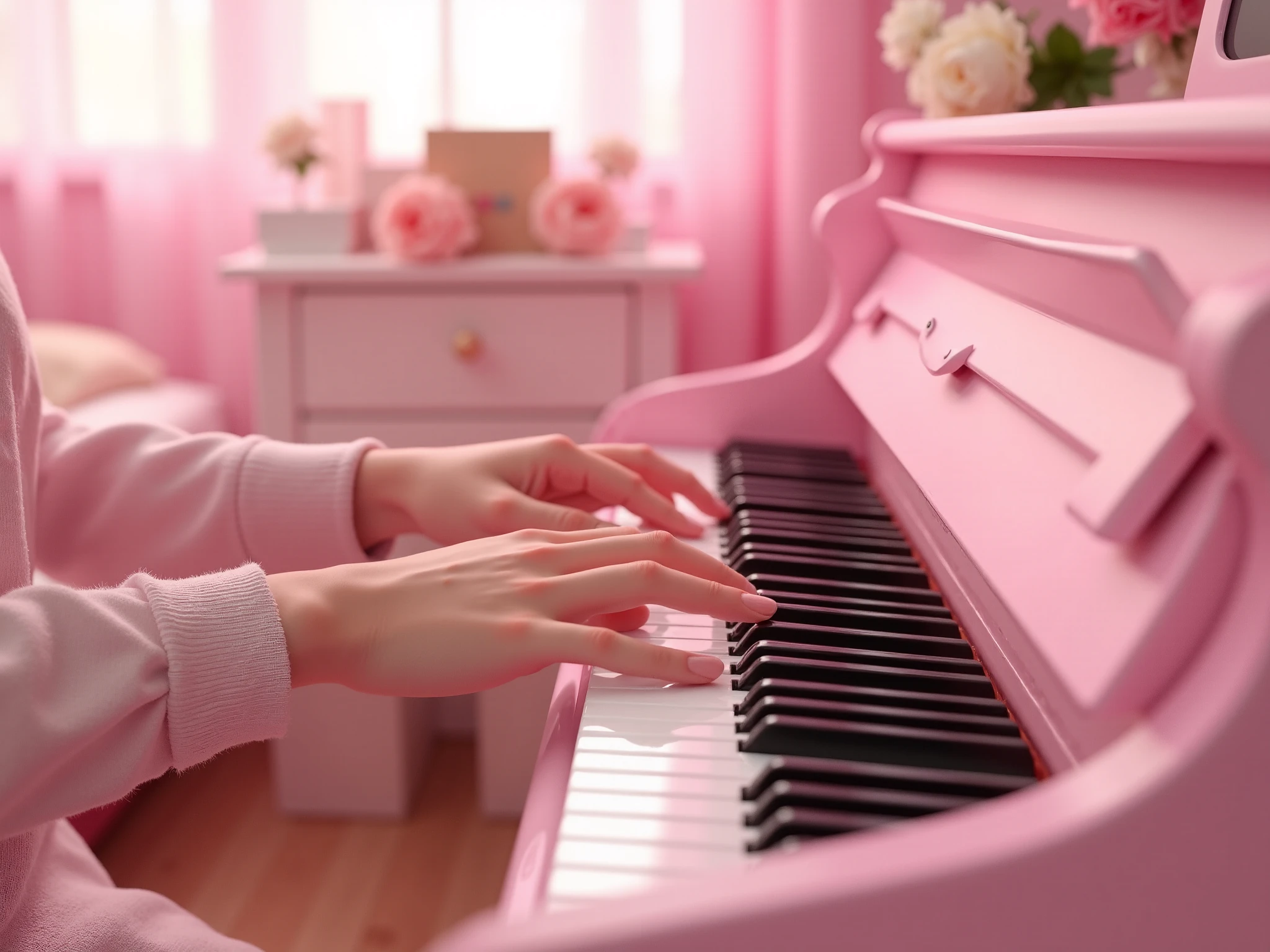 in the background a pink girls room, in the foreground a close-up on a pink piano, two hands playing it