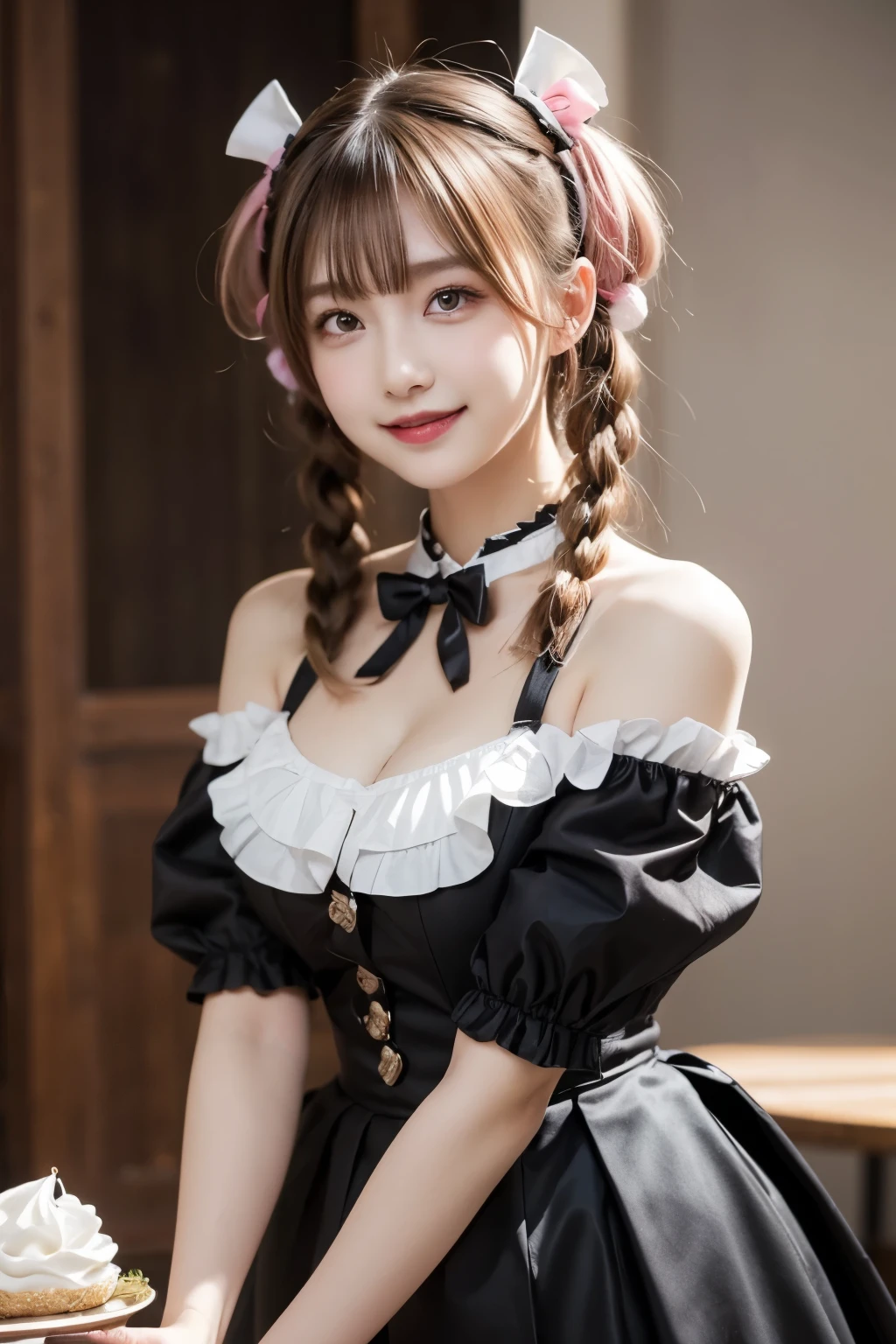 studio light, depth of field, upper body, slender,adult,beautiful and cute face,twin drills, short low twintails,smile,gothic maid uniform,room,