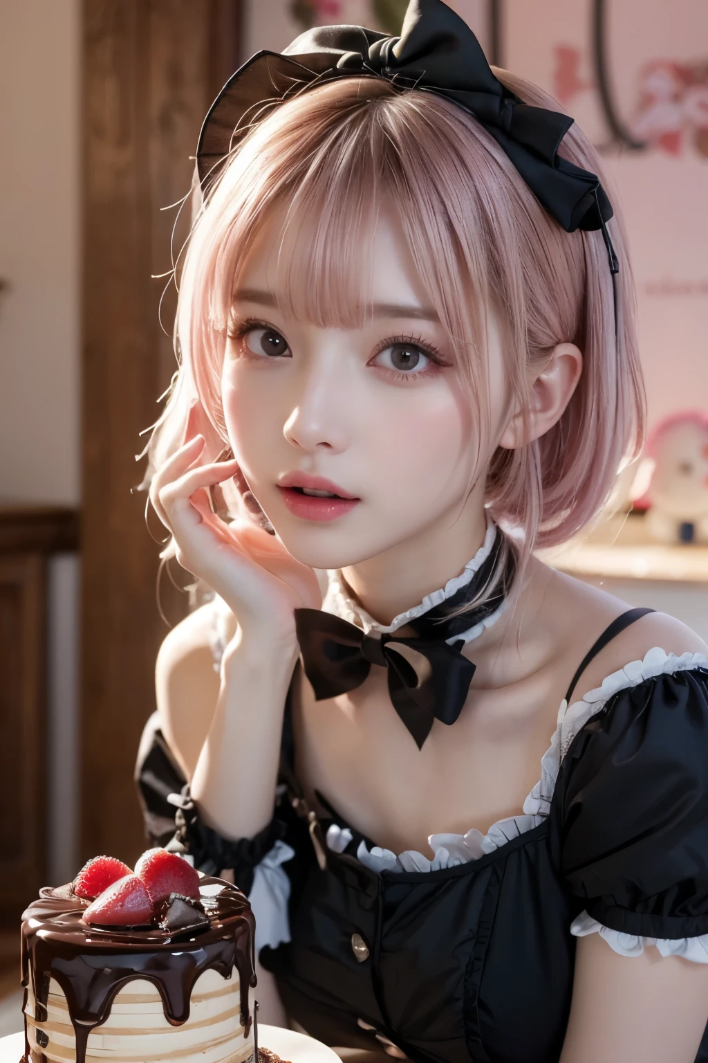 Valentine's Day, in maid-concept cafe, cute and vivid decorations on the walls, sunshine, maid, servant, get to feed a nice and big chocolate cake, wearing pink warm fluffy gothic ta fashion, mouth wide open, winking, pampered expression, lovey-dovey, pale pink and white hair, pompadour hairstyle, twisted bangs, hair is shaggy and dishevelled, glamorous figure, exposed shoulder, leaning forward, beautiful white-colored translucent skin, vivid makeup, {photorealistic}, {4K resolution}, {cinematic}, {dramatic}