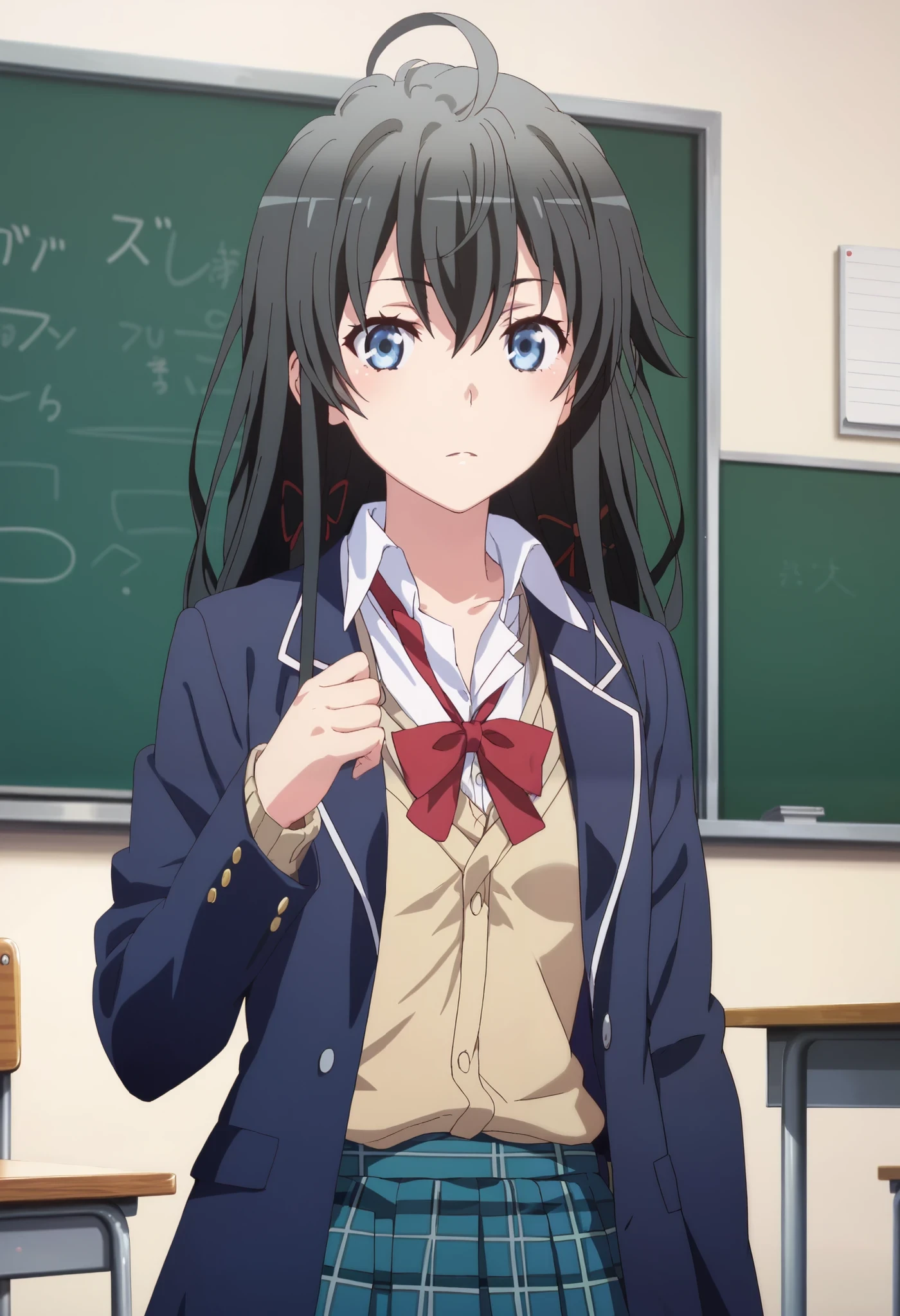 Masterpiece, best quality, yukino yukinoshita, black hair, blue eyes, long hair, ahoge,blazer, cardigan, jacket, plaid, plaid skirt, school uniform, skirt, sobu high school uniform, Classroom background, 