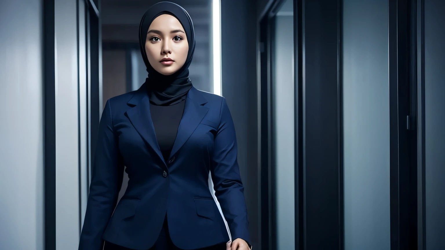 50 years Old, Hijab Indonesian mature woman, Big Tits : 99.9, doctor suit, Tight clothes : 1.9, at doctor office, Dark light, at Nighttime.