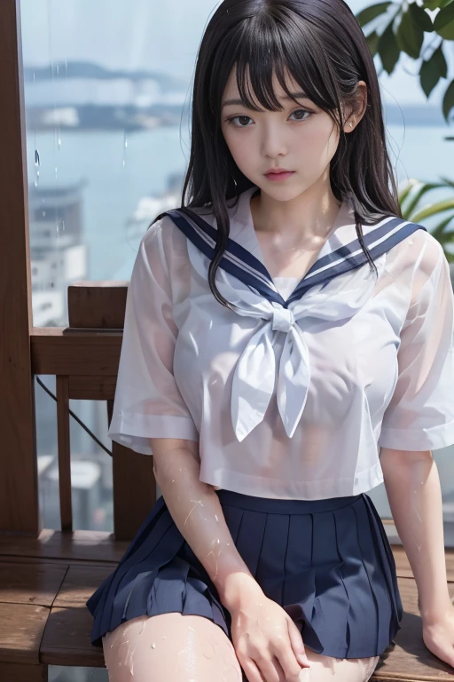 最high quality、high quality、best image quality、8k、最High resolution、High resolution、最high quality、masterpiece、RAW photo、whole body写真、Realistic human body in every detail、Realistic skin in every detail、Realistic face in every detail、Realistic eyes down to the details、Realistic lips in every detail、Realistic teeth in every detail、Realistic ears down to the last detail、Realistic hair down to the last detail、Realistic arms down to the last detail、Realistic reproduction of every detail、Realistic fingers in every detail、(fine hands、thumb1reference4)、Realistic feet in every detail、Realistic feet in every detail、Realistic breasts down to the last detail、Realistic areola in every detail、Realistic nipples down to the last detail、((beautiful japanese girl))、(japanese model), (japanese woman)、((18 year old beautiful girl))、(black hair)、(straight hair)、(ponytail)、((whole body))、((beautiful upturned chest))、(Slim and slender、Stylish slim body shape)、(whole body光沢肌、Fair skin)、Detailed and realistic human body、detailed realistic skin、detailed realistic face、detailed realistic arms、detailed realistic fingers、Detailed realistic feet、detailed realistic breasts、((dark cold stormy weather))、((pouring rain))、((Heavy rain))、((school ground))、sailor suit、sailor school uniform、、sailor skirt、Junior School、high school student、japanese school uniform、((pouring rainの中(girl standing in the center of the ground))、((It gets wet and see-through(クロップトップsailor suit、ミニsailor skirt))、((sad expression、Are crying))、((pouring rainを浴びて(Drenched skin from head to toe))、((rainwater dripping from the skin))、((Wet and adhere tightly to the skin(クロップトップsailor suit、ミニsailor skirt))、((Rainwater dripping from uniform))、濡れたsailor suitから乳首の形がはっきりとわかる、angle from below