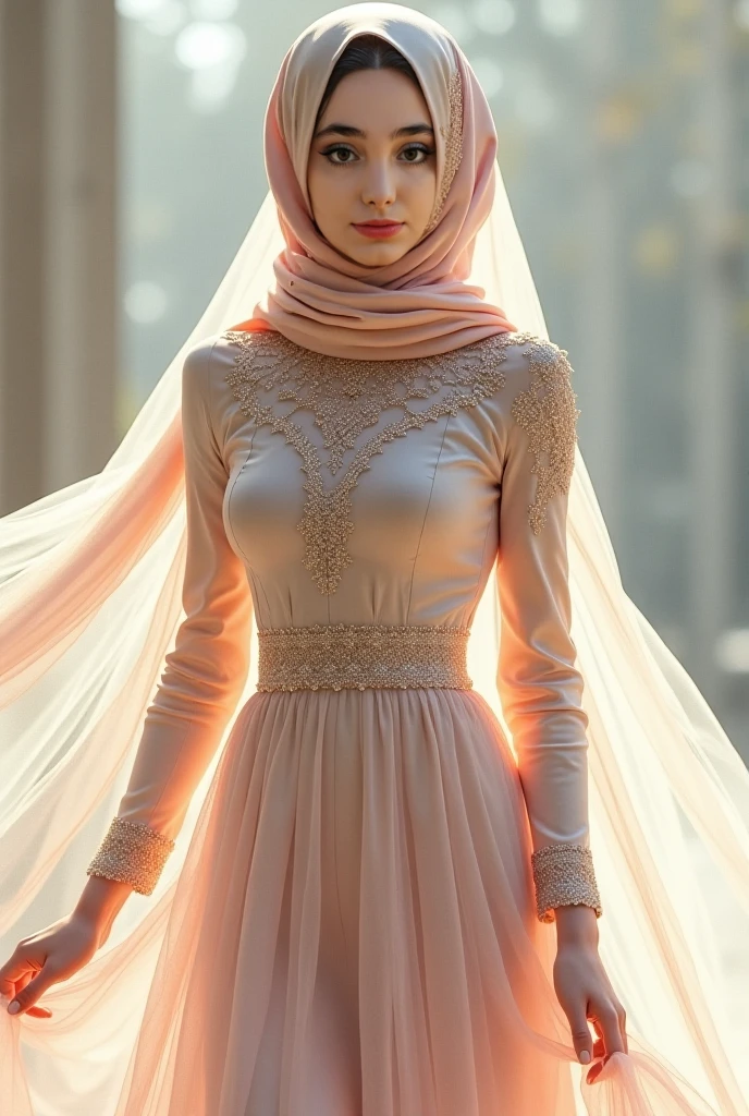 Asian woman wrapped in a shine satin cloth mimicking a mermaid gown with a striking large train, the cloth clings tightly to her figure, incorporates a hijab, standing with poise, see through whole body,half naked, nipple on, dramatic lighting, sexy pose in bed room, volumetric textures, ultra realistic, golden ratio.