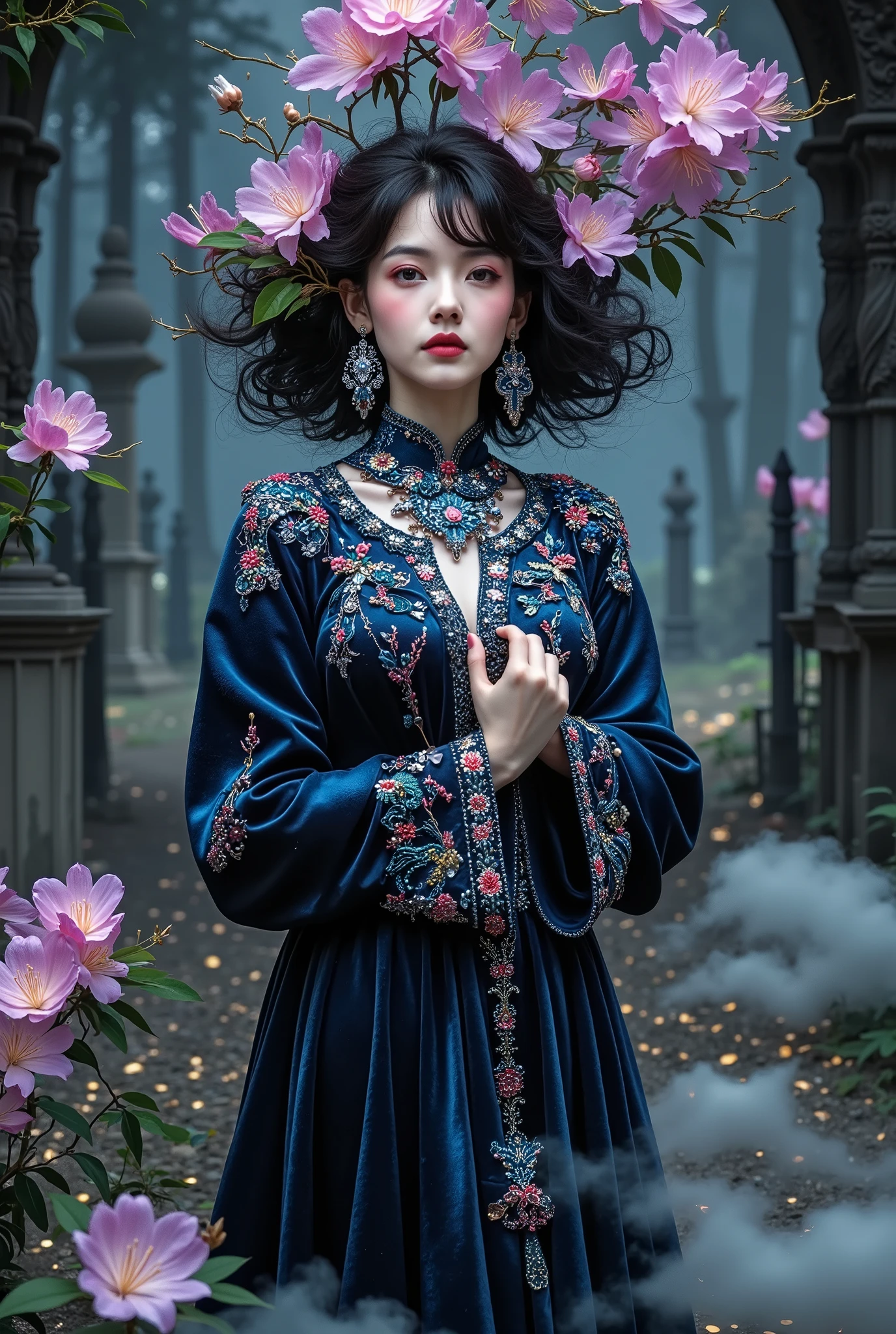  photography , award-winning,  masterpiece for Vogue ,  full-length image , sensual,  sexy,  preferably ,  hot ,  Gothic Enchantress ":  Model in a dramatic painting  , European face,   dark opening short mouth velvet dress,  embroidery showing her neckline ,   full-length image  ,  nude  ,  with intricate ,  standing in an incredibly beautiful  , misty cemetery .  Her hair is arranged in voluminous ,   fashion magazine cascading waves with dark  ,   full-length image                                                                                          
 [ in the style of Anna Razumovskaya and Clovis Truyer :0.4],  Luis Royo , ral-dissolution,  surrealism fantasy ,  in a maximalist style .