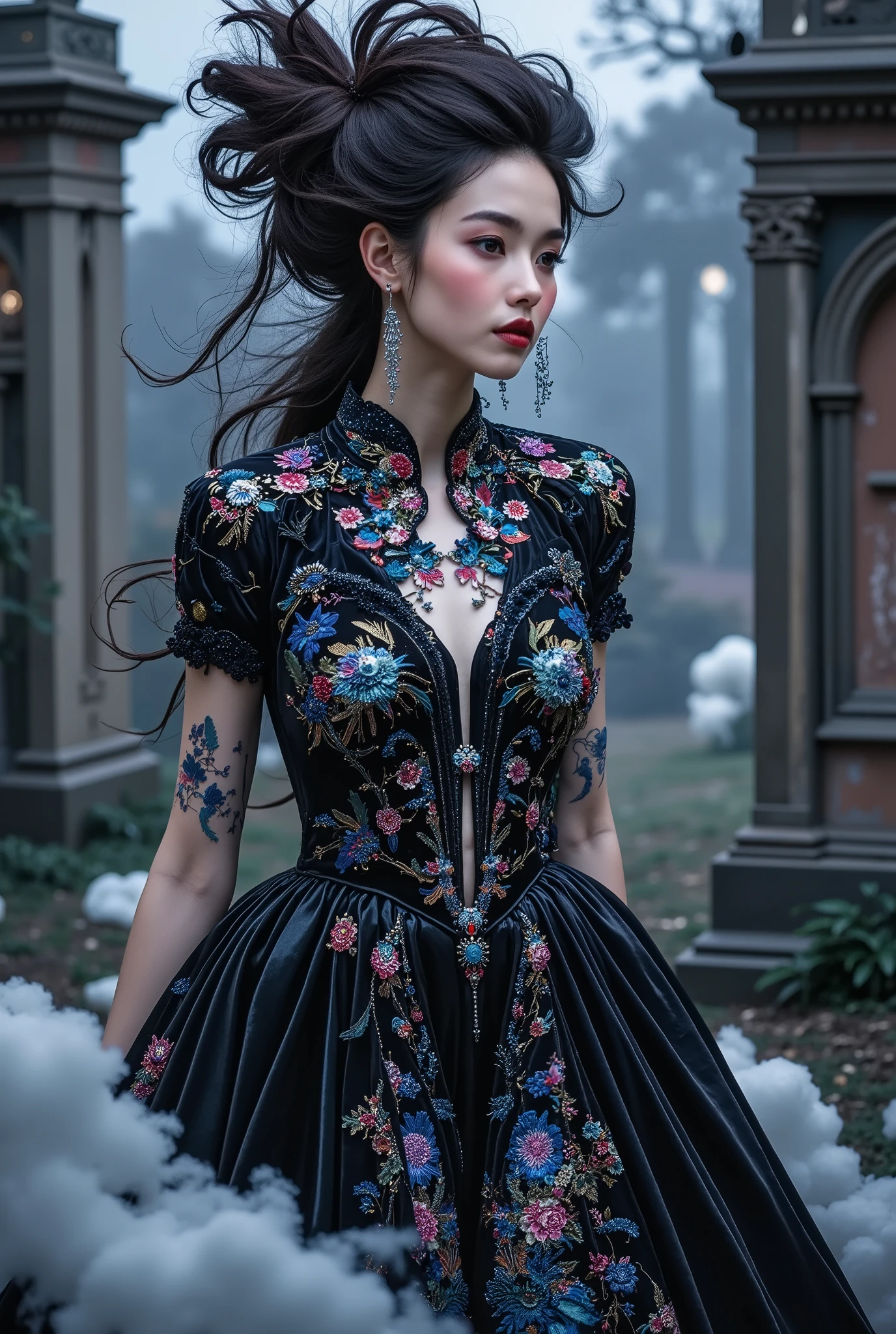  photography , award-winning,  masterpiece for Vogue ,  full-length image , sensual,  sexy,  preferably ,  hot ,  Gothic Enchantress ":  Model in a dramatic painting  , European face,   dark opening short mouth velvet dress,  embroidery showing her neckline ,   full-length image  ,  nude  ,  with intricate ,  standing in an incredibly beautiful  , misty cemetery .  Her hair is arranged in voluminous ,   fashion magazine cascading waves with dark  ,   full-length image                                                                                          
 [ in the style of Anna Razumovskaya and Clovis Truyer :0.4],  Luis Royo , ral-dissolution,  surrealism fantasy ,  in a maximalist style .