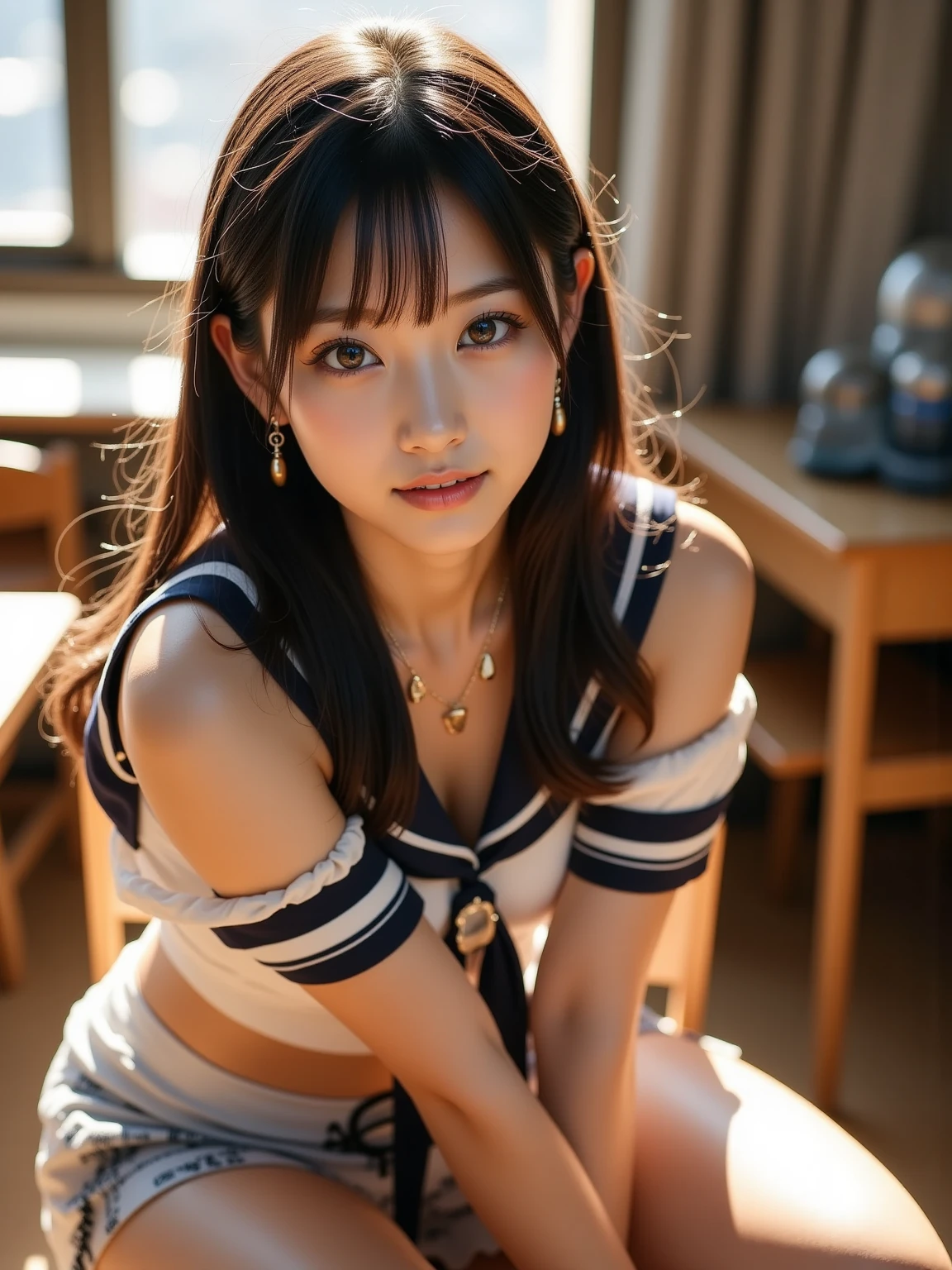 Here's your masterpiece: In this dynamic, from-below shot, cute mechangel poses seductively in a sailor dress-inspired costume, showcasing her toned upper body and striking features. Her shoulder-length, long hair is styled in a French braid, with a hair bow securing the end. A sly smile plays on her lips as she bends over at the waist, giving the viewer a tantalizing glimpse of her cleavage-hugging blouse. Her white silk gloves and coin belt add a touch of whimsy to the outfit. The sailor dress itself is a vibrant blend of white, orange, and yellow, with bold bows adorning the collar and back panel. Her piercing eyes lock onto the camera, filled with a playful sense of mischief. Vibrant kimono-clad beauty poses