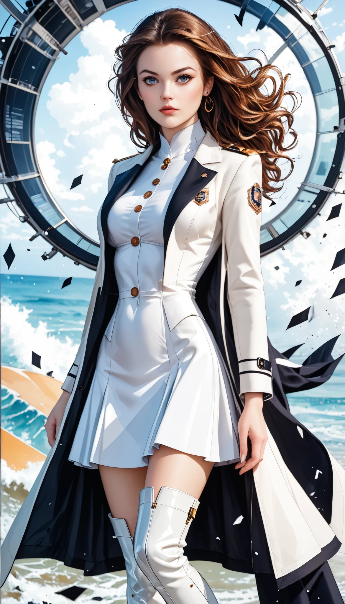 Watercolor painting. Captivating female model (Dana Scully) with striking long black wind-blown hair and toned legs wearing an overcoat and knee high skirt, white thigh-high boots, in front of a simple mosaic glass design background. High-fashion, avant-garde, editorial illustration. Fashion photography, extremely beautiful face, statement accessories. Bright, popping colors, abstract expressionism. Best quality, incredibly detailed, high-resolution.