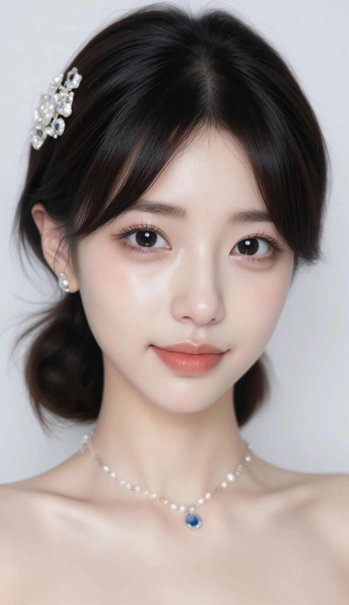 Super detailed picture quality ，  HD quality ， Portrait of an extremely beautiful Asian girl，  facial portrait  ，Clear skin texture， Double eyelids，  big eyes，(((  with pearl earrings on ears  ，  wearing a sapphire necklace around her neck  ：1.5)))，((  front view))，Face height ， reveals smooth shoulders ，Milky skin，White legs