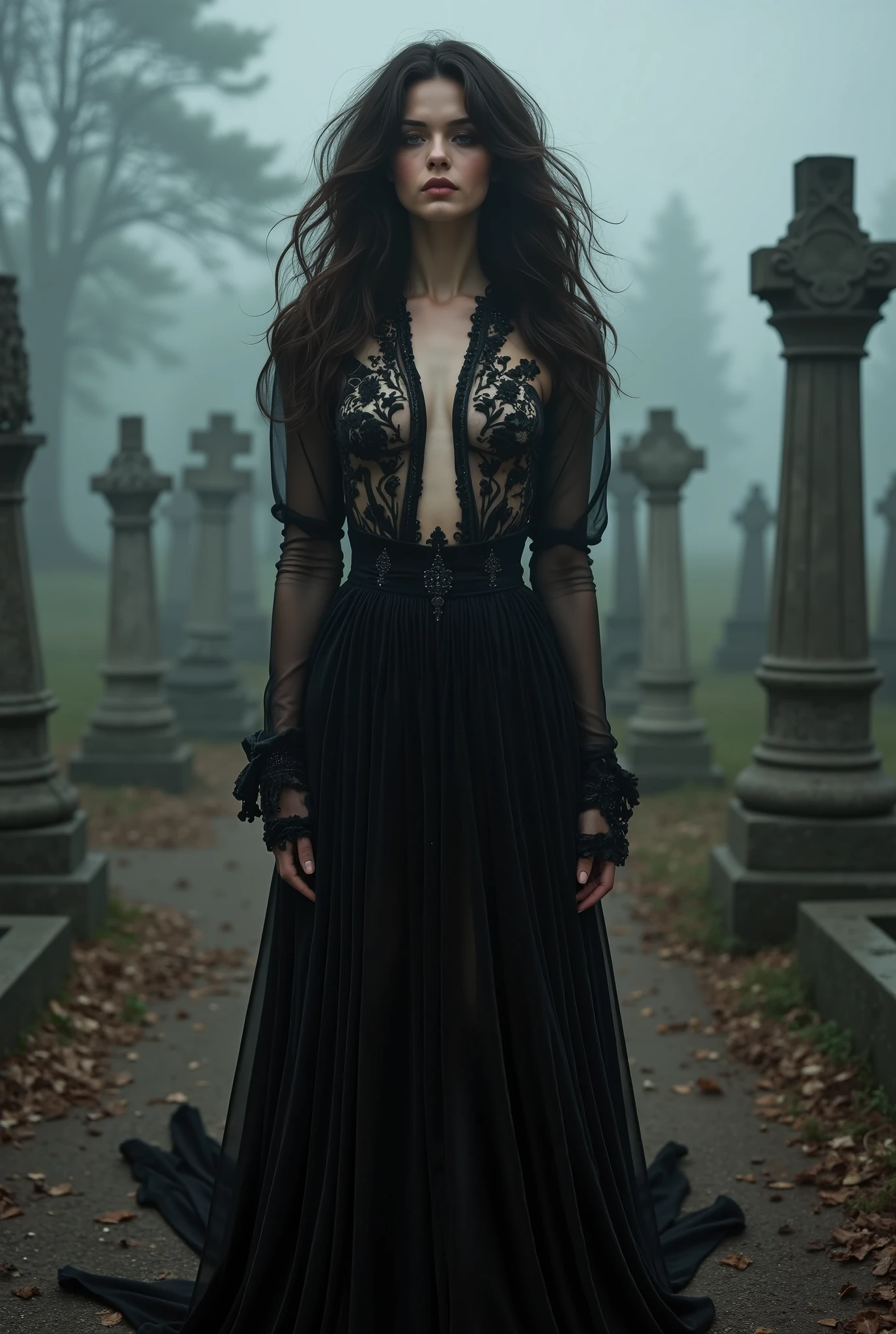 Front view, sexy witch, erotic photoshoot, posing in a cemetery, looking at viewer, gloomy light passing through hair, gloomy lighting, gothic style, witches' sabbath, ((dark night)), depth of field, bokeh
