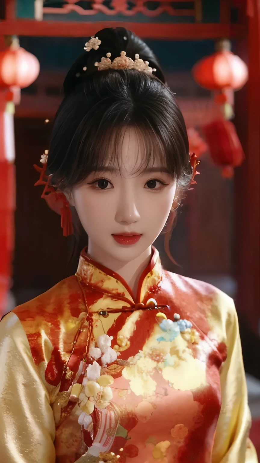 Hanfu，palace，穿Hanfu的女孩，Wearing ancient Chinese clothing，Traditional Chinese Clothing，Ancient Chinese Clothing，Ancient Chinese Princess，Chinese，Shoulder，Beth，( masterpiece),( top quality:1.1),( Very detailed), BEST ILLUSTRATION , exquisite details ,(portrait:1.1),( intense close-up )，(Extremely delicate and pretty face ），Frontal lobe，Jewelry，Beauty，Lunar New Year Cheongsam 