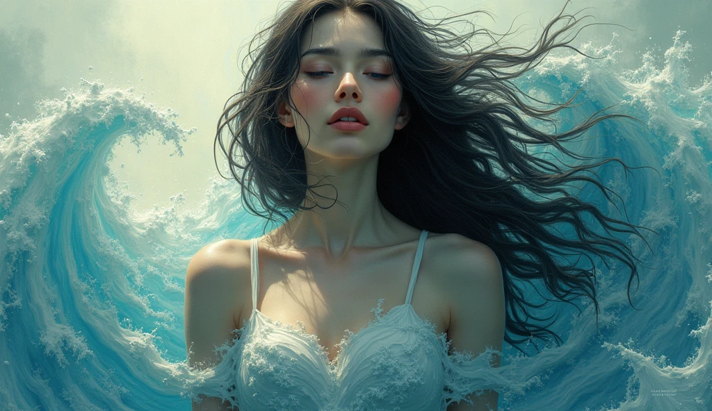 woman in medium shot, eyes closed, facial expression of lightness, arms open in an attitude of surrender, lots of light in the center of her chest, releasing energetic fluids of countless colors