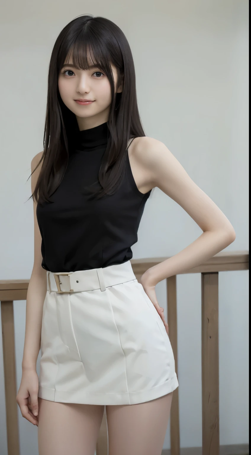 (detailed face),((crotch)),normal breasts,pretty,sleeveless and turtle neck white clothes,4k ,super high resolution ,(photo-realistic: 1.7),white background,long hair,chair,