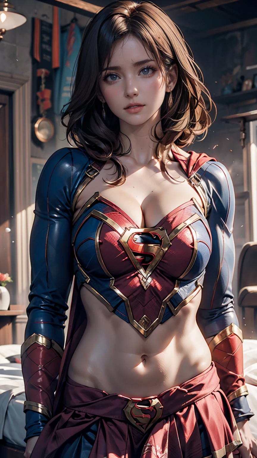 Mujer, UHD, en la ciudad noctuna de tokio, Cuerpo de hermosa mujer con grandes senos, tetona, vestida de disfraz de Supergirl, escote, luciendo sus senos, minifalda muy corta, disfraz de superman, tatuajes, aros, cabello muy largo multicolor, ojos azules,