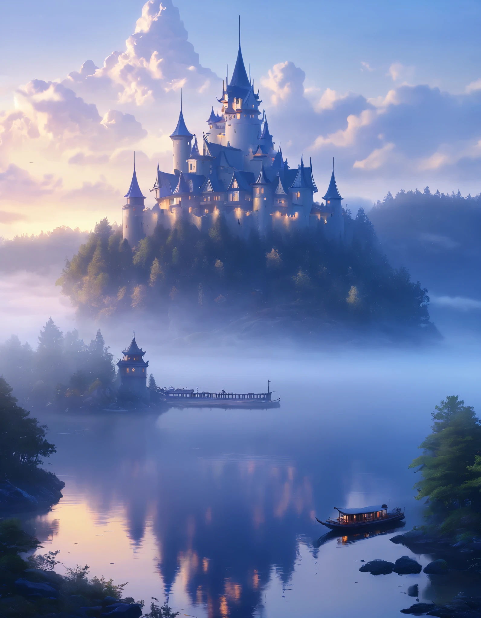 Western-style castle floating on the lake 。 The surface of the water is shrouded in fog 。 The sunrise shines on one side of white。Built in the woods。 There is a boat dock by the lake 。White castle 。 Fantastic。Realistic。 detailed 。