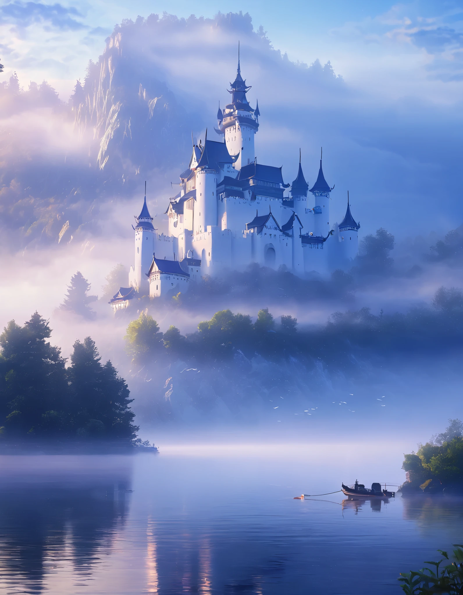 Western-style castle floating on the lake 。 The surface of the water is shrouded in fog 。 The sunrise shines on one side of white。Built in the woods。 There is a boat dock by the lake 。White castle 。 Fantastic。Realistic。 detailed 。