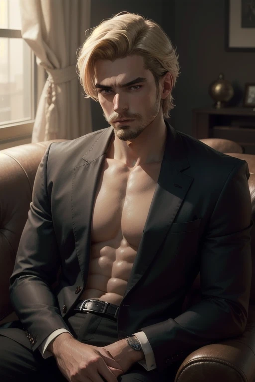 Wesker sitting in a chair, wearing only underwear, no clothes, no gloves, no socks, hands clenched into fists, toned body, high quality, soft lighting