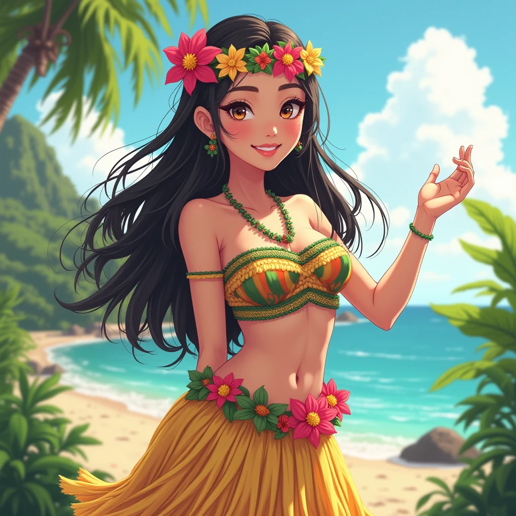 lips, anime style, Artistic,Hula girl ,Hawaii, cute,Beautiful, Hi-Res, female,Beautiful, digital art, characters