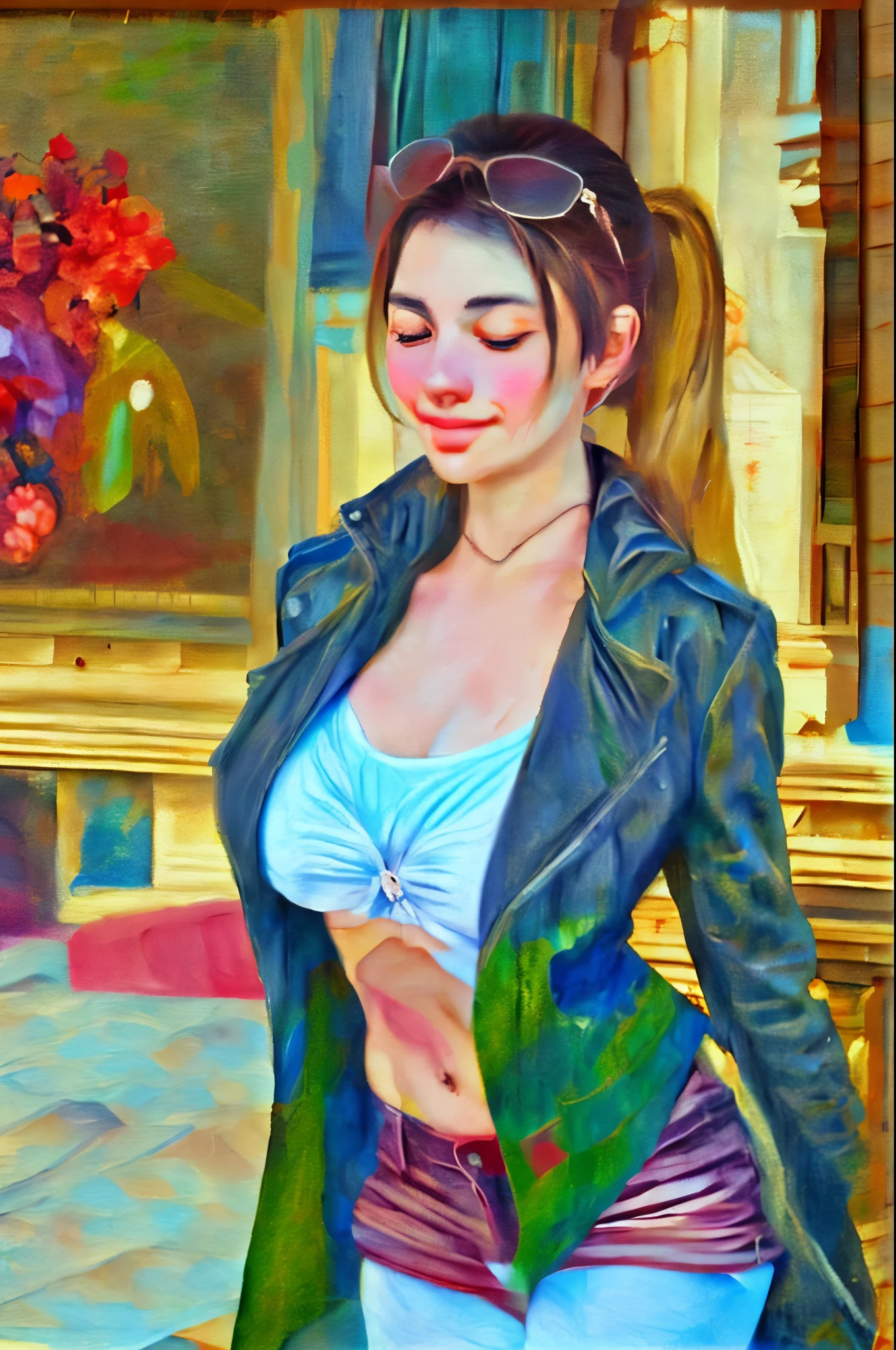 masterpiece, best quality, extremely detailed, hyperrealistic, oil painting, impressionism art, in monet style, eye closed, sunglasses on head