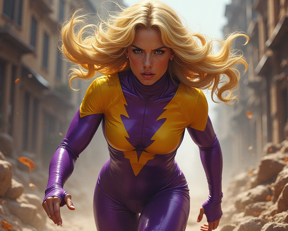 black american blonde hair curly locs superhero open suit blue blue sun powers woman teen marvel comic art style panel