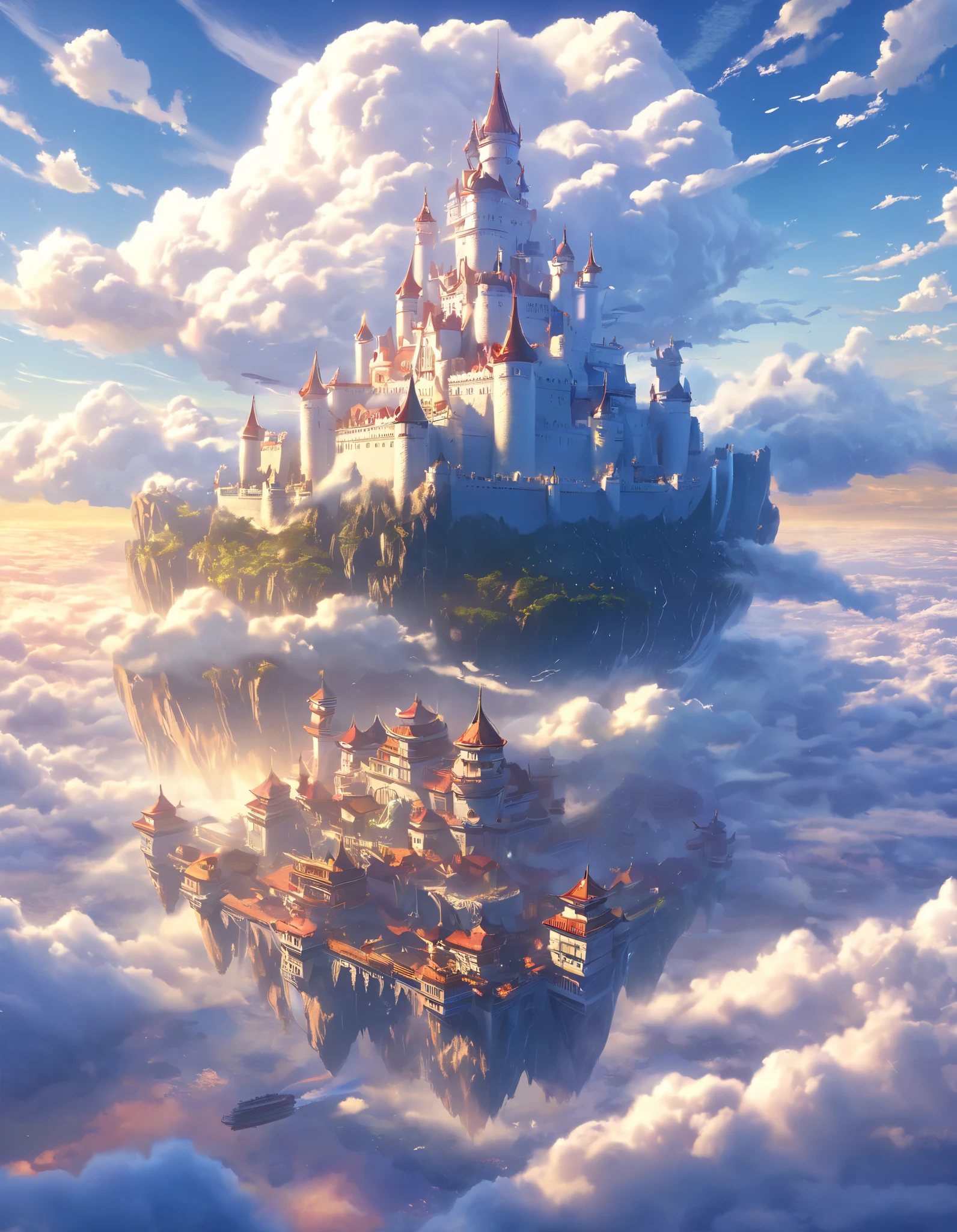 Western-style castle floating in the sky 。Half hidden by clouds 。 The sunrise shines on one side of white。 There is land in the sky and built on it。 airships flying around 。White castle 。 Fantastic。Realistic。 detailed