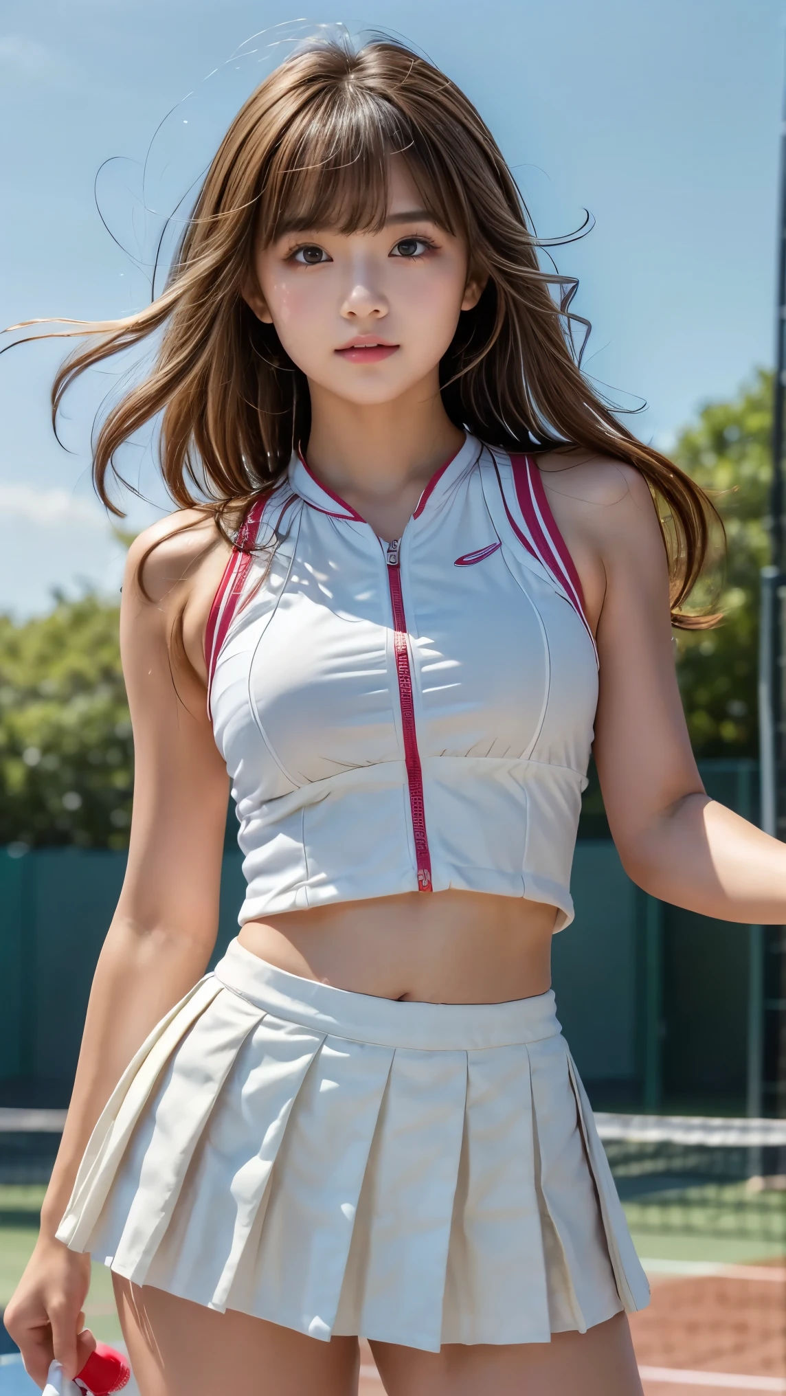 masterpiece,Product quality,Amazing High Definition , very detailed that ,Photo,cowboy shot, front view,( thighs emphasized:1.4), young and sexy Japanese woman ,20 years old, small smile ,(well-proportion:1.4) female college student, tennis circle , tennis court background,(Wearing light gleen colored tennis wear:1.4),( Expressing Chest Roundness and Softness ),(White Super Short Micropleated Miniskirt:1.4), beautiful face,Cute type,Baby Face, slightly round face, big eyes,Both eyes have double eyelids, brown eyes, Small and Cute Nose ,( natural cosmetic) glossy lips, Big Natural Color Lip, long light brown hair , asymmetrical bangs ,Beautiful Bangs,【Imaging Center, 8k resolution for kindergarten ren, attention to detail, DETAILED HAIRSTYLE , detailed face ,Cinema Lighting, octane rendering, Super Real,( anatomically correct from toe to head:1.4),( Perfect Limbs , thighs are thick, train on the platform of a high school girl , big breasts),( Expressing Chest Roundness and Softness ..........1) Soft skin,(Growing Skin , sweated:1.3),(Figure like a well-balanced model :1.4),feet,( Provocative Dynamic Pose :1.4)