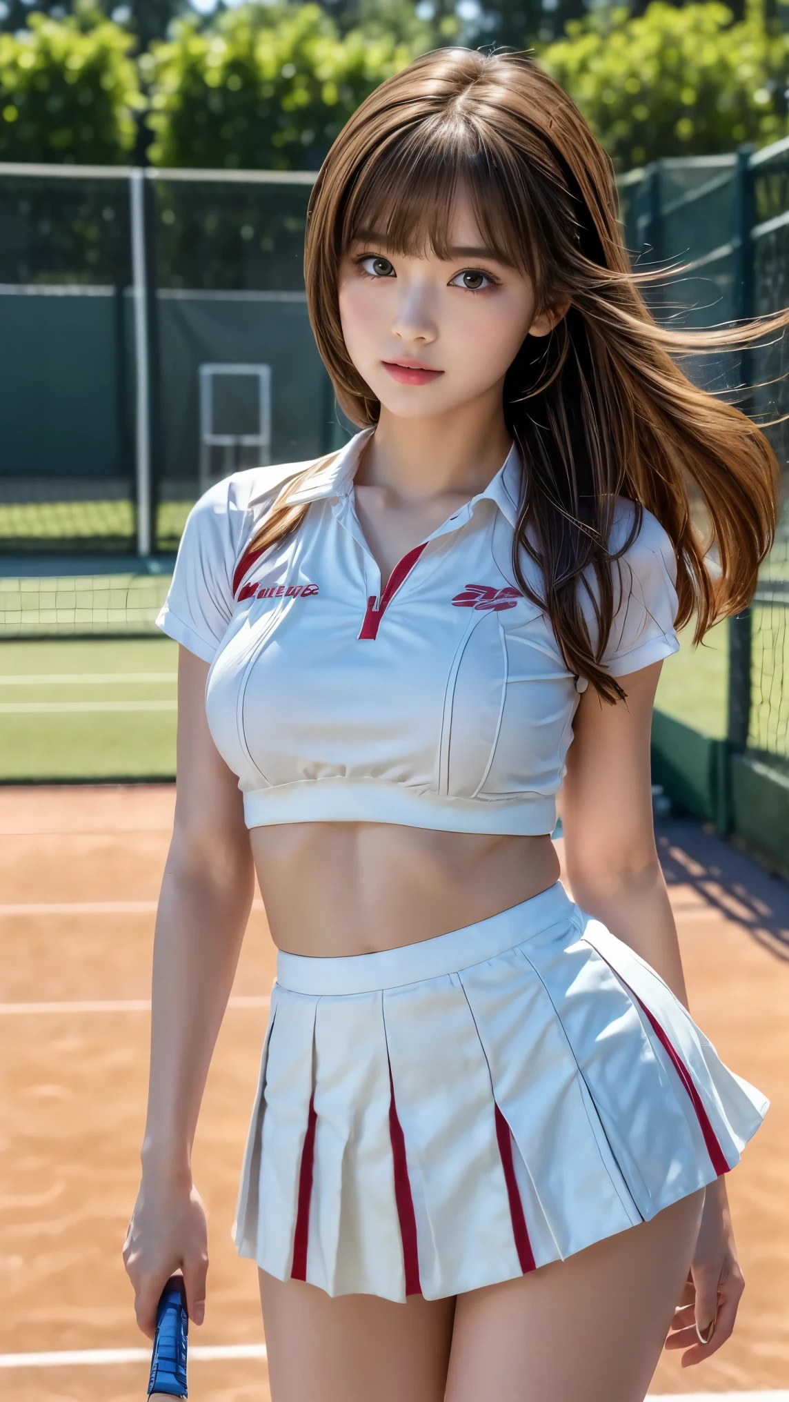 masterpiece,Product quality,Amazing High Definition , very detailed that ,Photo,cowboy shot, front view,( thighs emphasized:1.4), young and sexy Japanese woman ,20 years old, small smile ,(well-proportion:1.4) female college student, tennis circle , tennis court background,(Wearing light gleen colored tennis wear:1.4),( Expressing Chest Roundness and Softness ),(White Super Short Micropleated Miniskirt:1.4), beautiful face,Cute type,, slightly round face, big eyes,Both eyes have double eyelids, brown eyes, Small and Cute Nose ,( natural cosmetic) glossy lips, Big Natural Color Lip, long light brown hair , asymmetrical bangs ,Beautiful Bangs,【Imaging Center, 8k resolution for kindergarten ren, attention to detail, DETAILED HAIRSTYLE , detailed face ,Cinema Lighting, octane rendering, Super Real,( anatomically correct from toe to head:1.4),( Perfect Limbs , thighs are thick, train on the platform of a high school girl , big breasts),( Expressing Chest Roundness and Softness ..........1) Soft skin,(Growing Skin , sweated:1.3),(Figure like a well-balanced model :1.4),feet,( Provocative Dynamic Pose :1.4)