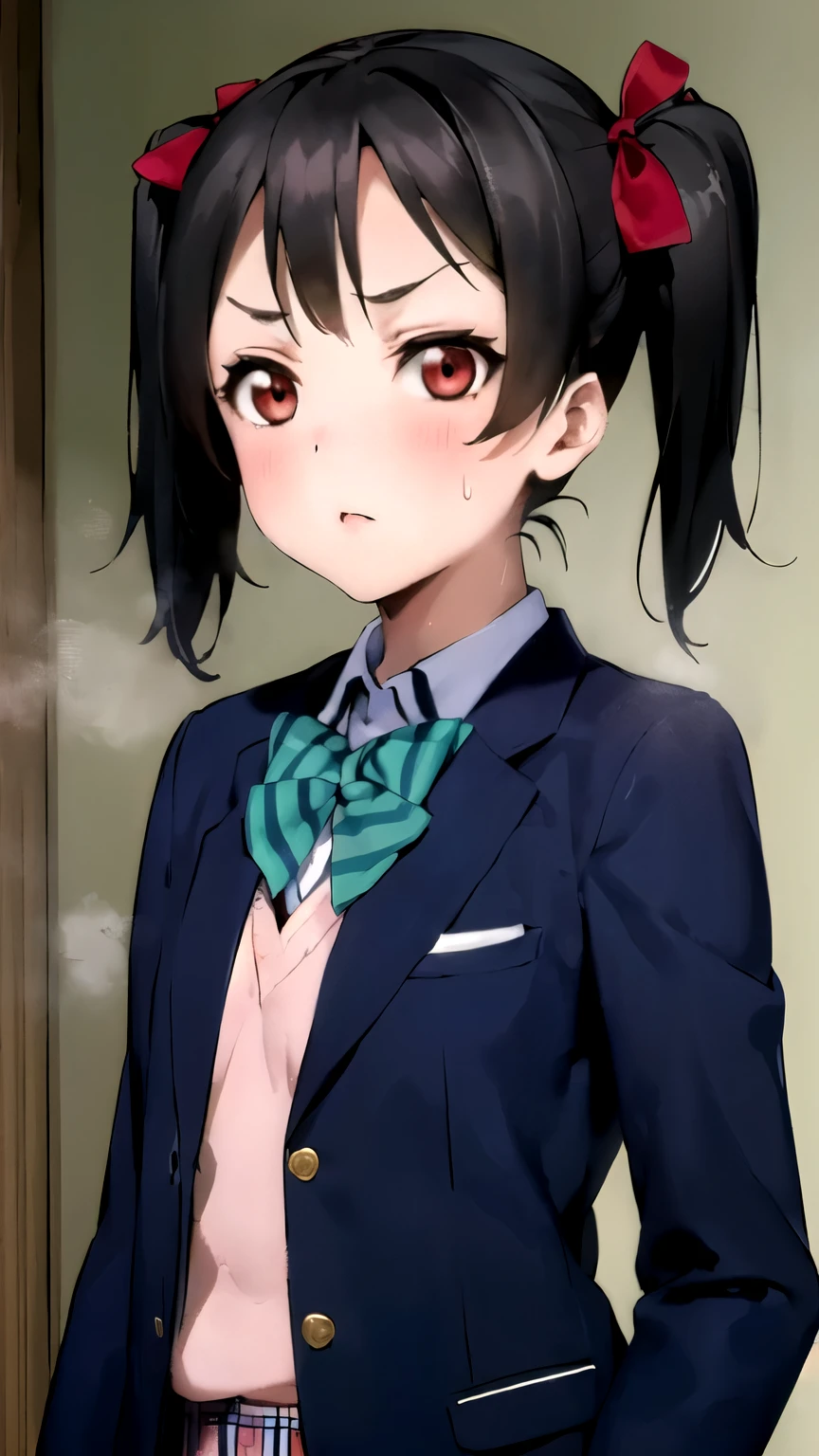 ((masterpiece,best quality)), {DATE_artstyle_LoRA : Manga_Style} {horror_edit : creepy_room_aura} {} { (niko yazawa, black hair, (red eyes:1.3), bow, twintails, hair bow, , , perfectly_small_shape_breast : perfectly_slender_body : petite } { , skirt, school uniform, jacket, blazer, winter uniform, otonokizaka school uniform, } { sweaty_clothes :} {standing_still} { { no_emotion : hypnotic_eyes : hypnotized_eyes }} { sweating : steaming} { } : dark room : }