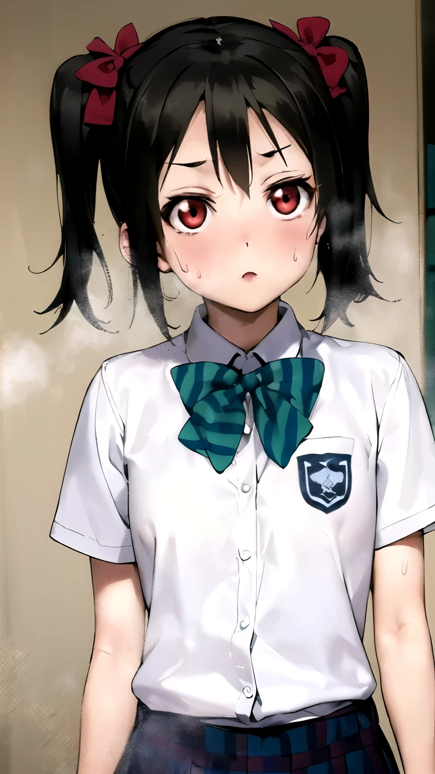 ((masterpiece,best quality)), {DATE_artstyle_LoRA : Manga_Style} {horror_edit : creepy_room_aura} {} { (niko yazawa, black hair, (red eyes:1.3), bow, twintails, hair bow, , , perfectly_small_shape_breast : perfectly_slender_body : petite } { , skirt, school uniform, otonokizaka school uniform, } { sweaty_clothes :} {standing_still} { { no_emotion : hypnotic_eyes : hypnotized_eyes }} { sweating : steaming} { } : dark room : }