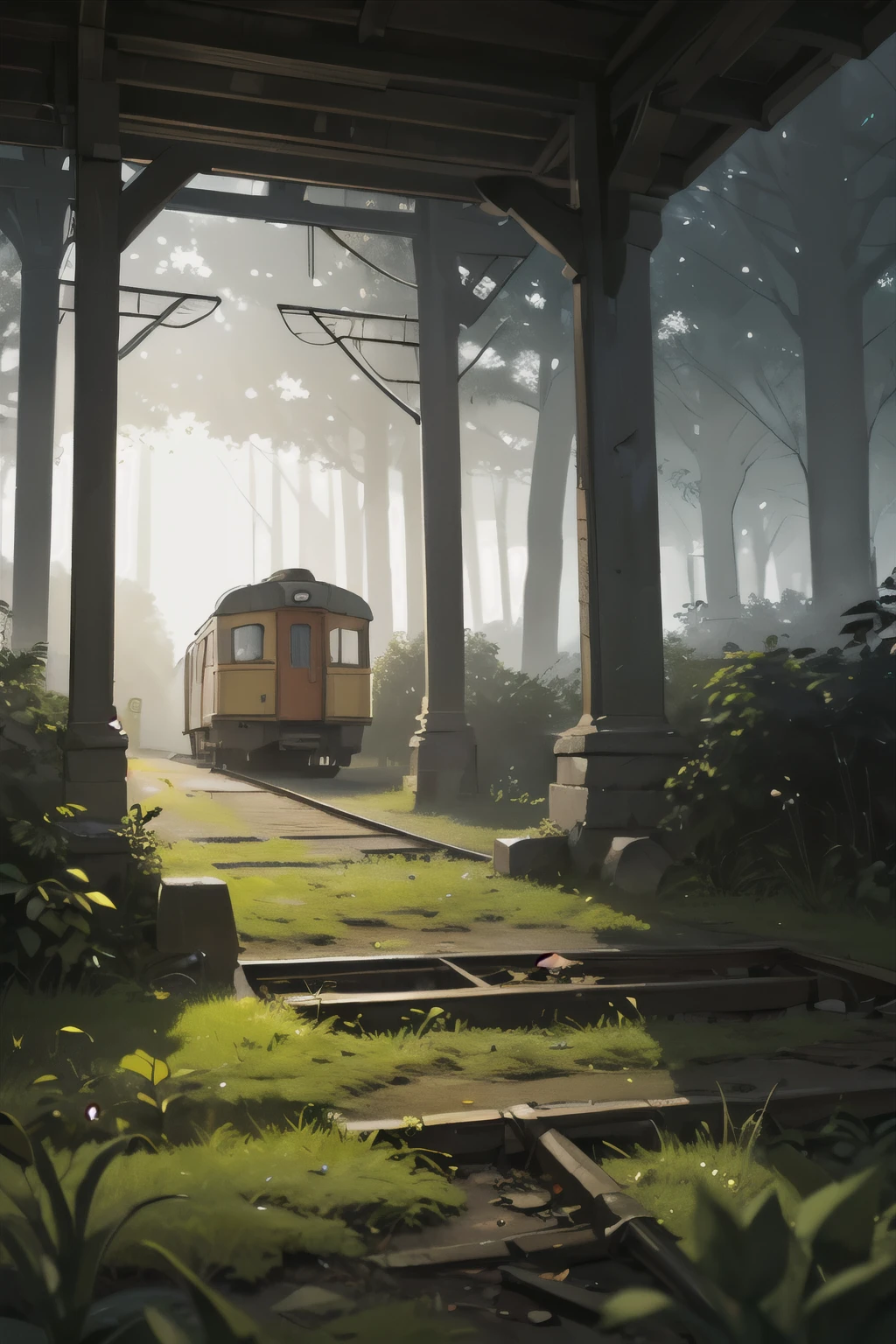realistic dark oil painting of a medieval village at sunrise, mossy, mist, foggy, shadows, misterious, mithical, dark, rays of light shines trough the woods, ambient, depth of field, volumetric lighting, cinematic lighting, moody, heavy darkness, black sky, low angle perspective,including train leaving , man was standing with his back view