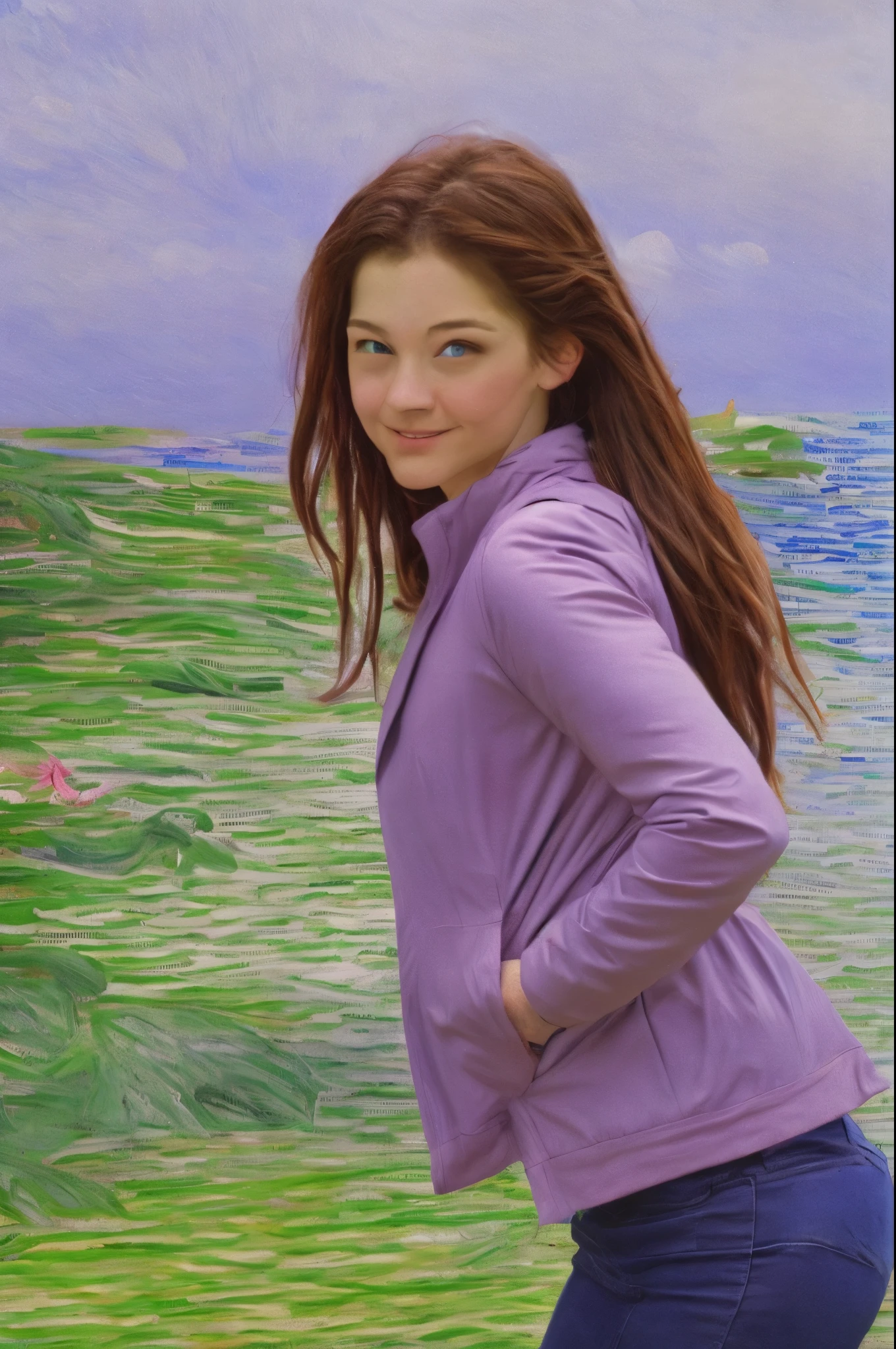 masterpiece, best quality, extremely detailed, hyperrealistic, oil painting, impressionism art, in monet style, purple jacket